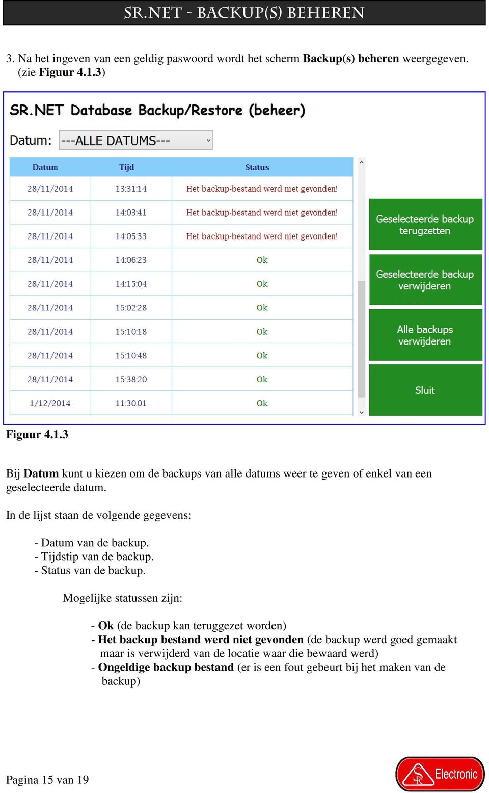 In de lijst staan de volgende gegevens: - Datum van de backup. - Tijdstip van de backup. - Status van de backup.