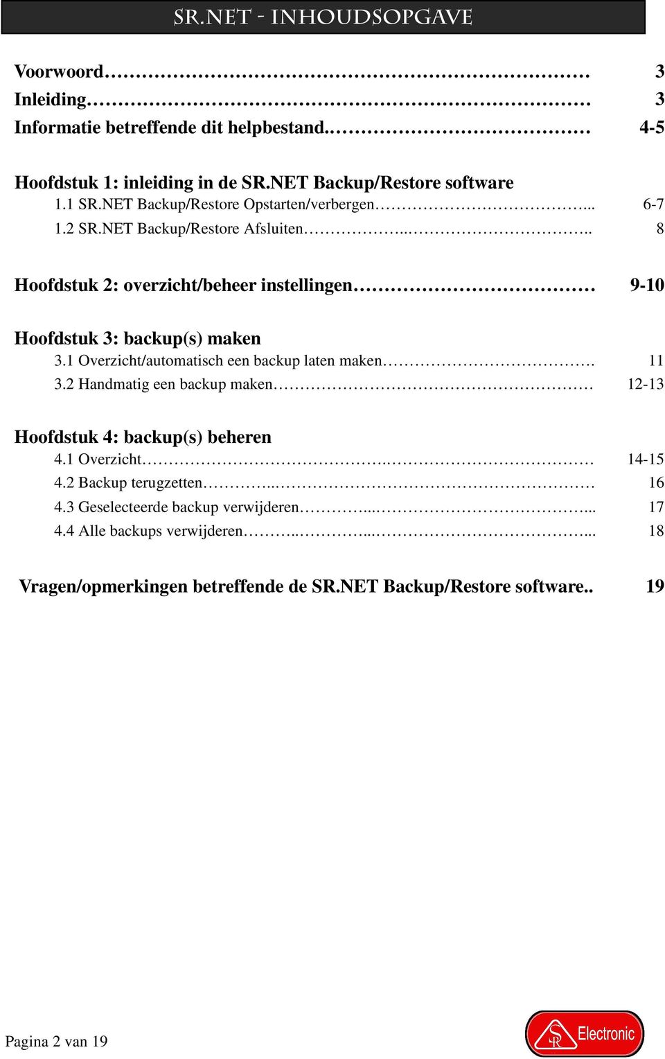 1 Overzicht/automatisch een backup laten maken. 3.2 Handmatig een backup maken 12-13 11 Hoofdstuk 4: backup(s) beheren 4.1 Overzicht. 14-15 4.2 Backup terugzetten.