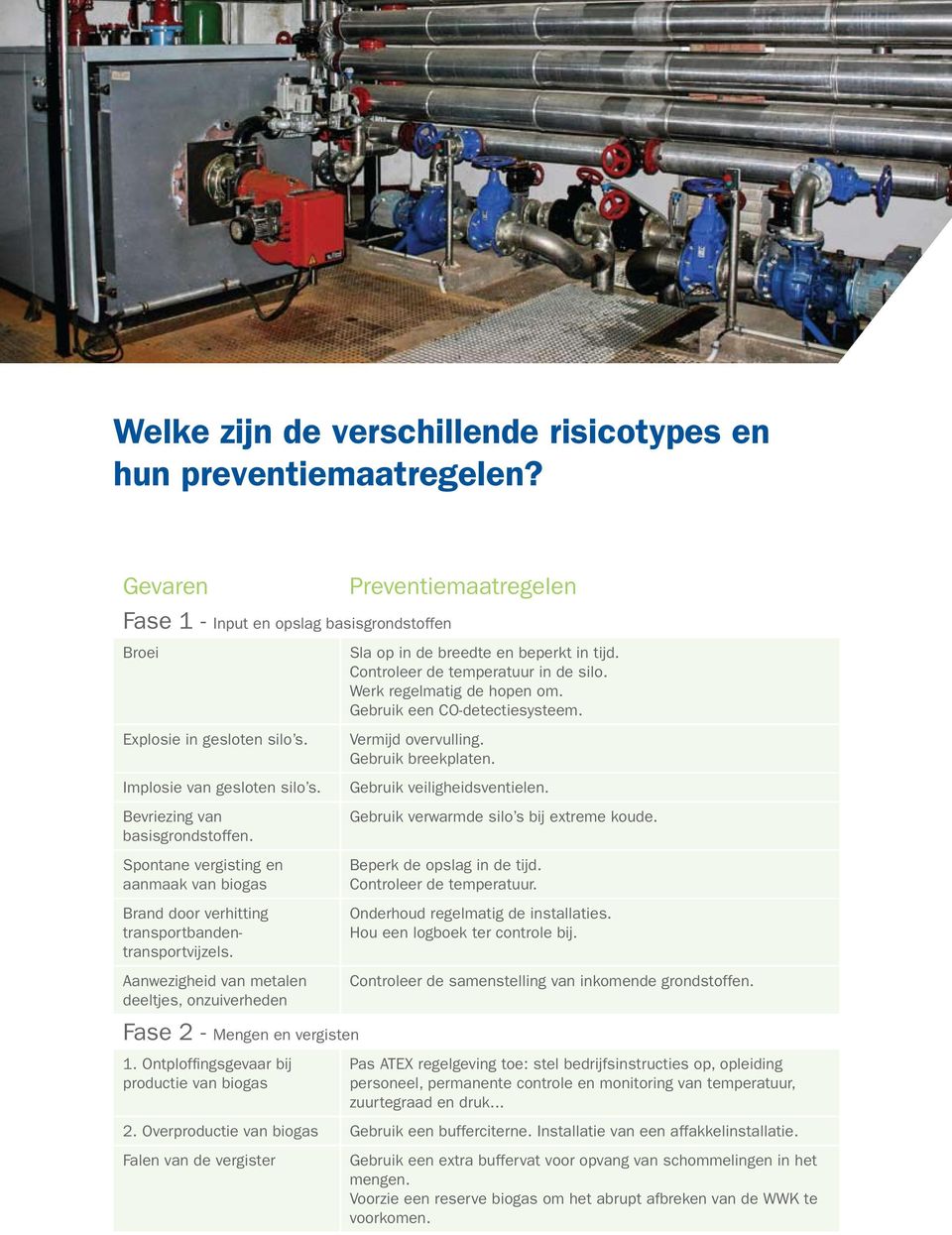 Aanwezigheid van metalen deeltjes, onzuiverheden Sla op in de breedte en beperkt in tijd. Controleer de temperatuur in de silo. Werk regelmatig de hopen om. Gebruik een CO-detectiesysteem.