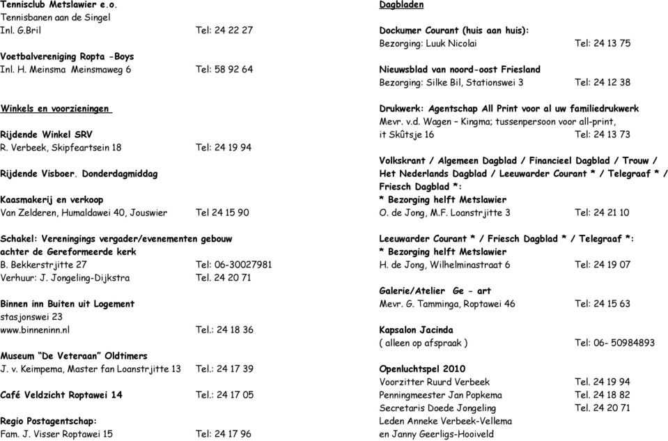 Veldzicht Roptawei 14 Regio Postagentschap: Dagbladen Dockumer Courant (huis aan huis): Nieuwsblad van noord-oost Friesland Drukwerk: Agentschap All Print voor al uw familiedrukwerk Volkskrant /