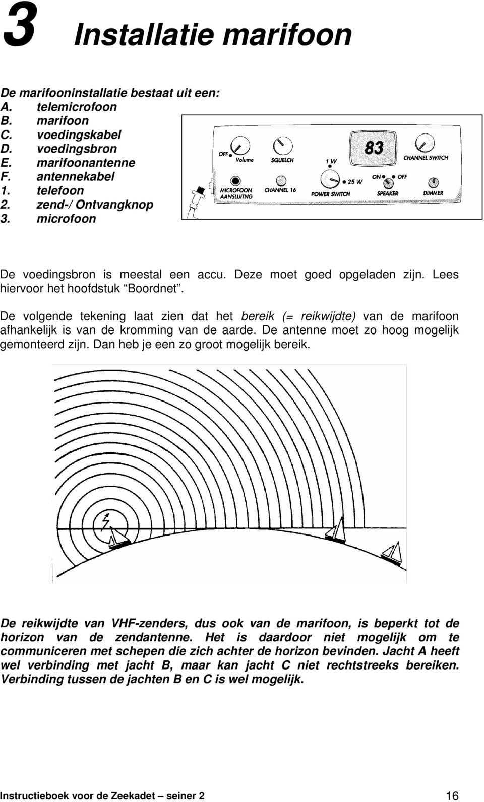 De volgende tekening laat zien dat het bereik (= reikwijdte) van de marifoon afhankelijk is van de kromming van de aarde. De antenne moet zo hoog mogelijk gemonteerd zijn.