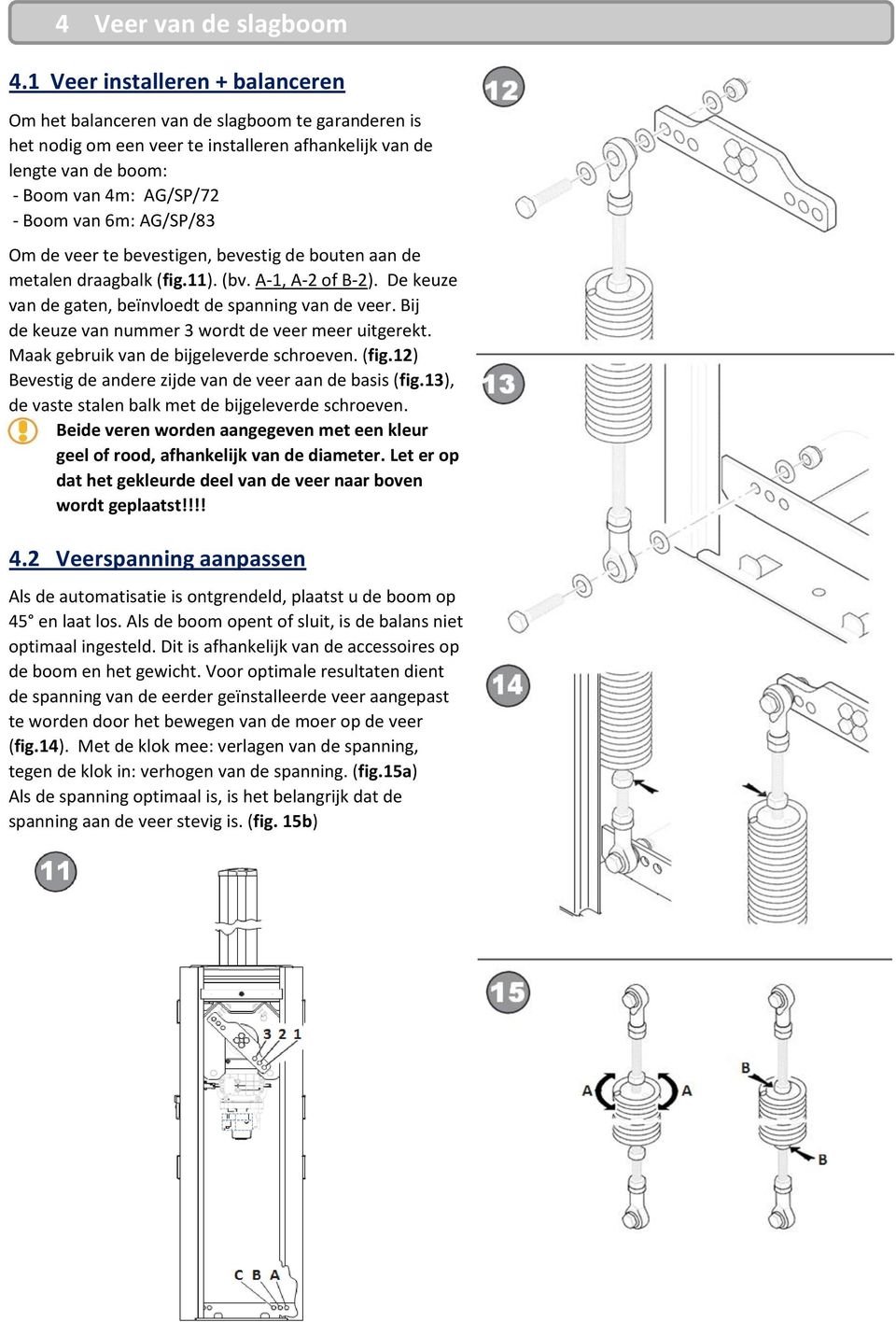 AG/SP/83 Om de veer te bevestigen, bevestig de bouten aan de metalen draagbalk (fig.11). (bv. A-1, A-2 of B-2). De keuze van de gaten, beïnvloedt de spanning van de veer.