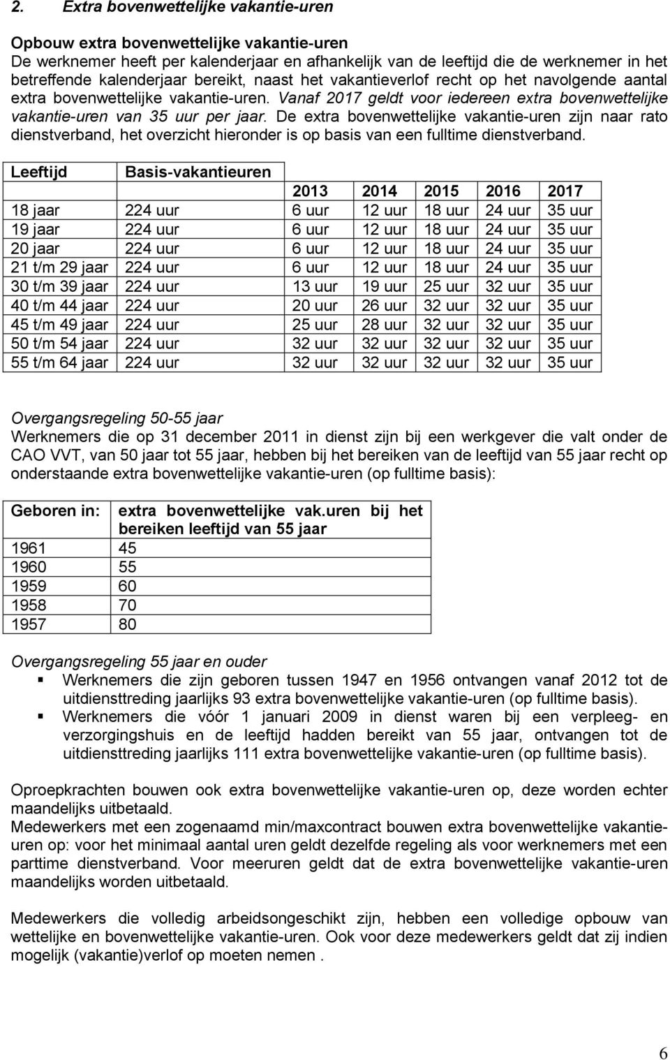 De extra bovenwettelijke vakantie-uren zijn naar rato dienstverband, het overzicht hieronder is op basis van een fulltime dienstverband.