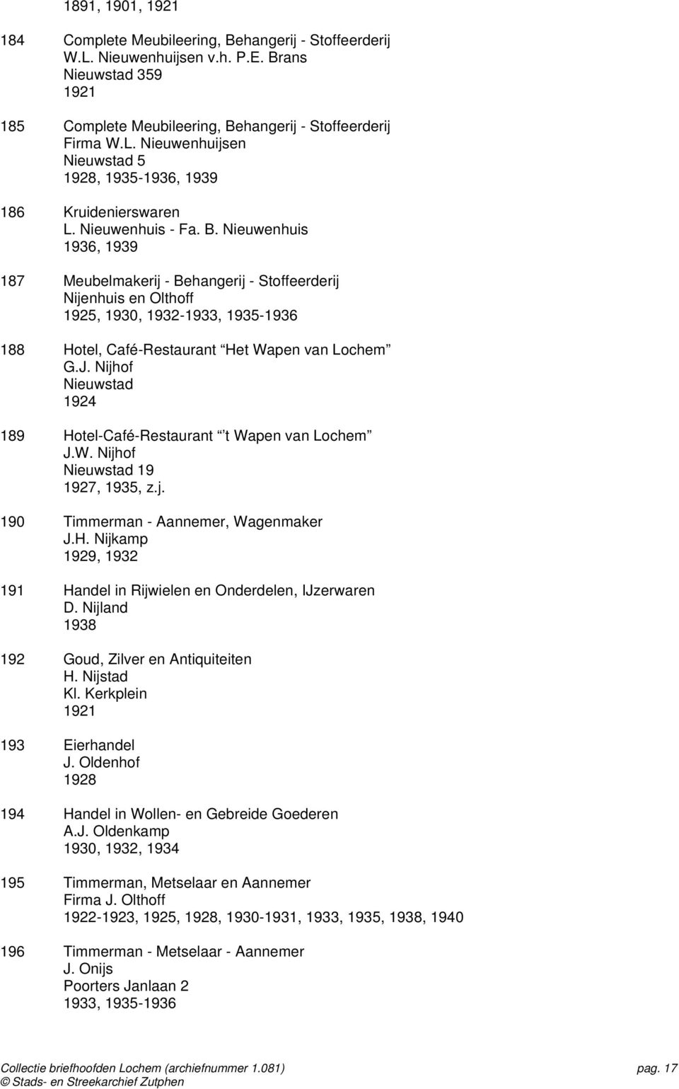 Nijhof Nieuwstad 1924 189 Hotel-Café-Restaurant t Wapen van Lochem J.W. Nijhof Nieuwstad 19 1927, 1935, z.j. 190 Timmerman - Aannemer, Wagenmaker J.H. Nijkamp 1929, 1932 191 Handel in Rijwielen en Onderdelen, IJzerwaren D.