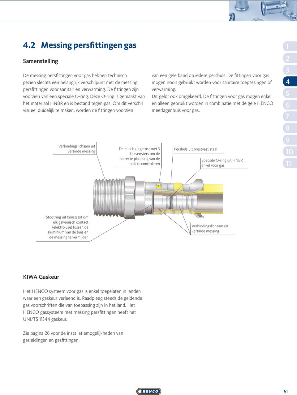 Om dit verschil visueel duidelijk te maken, worden de fittingen voorzien De huls is uitgerust met kijkvensters om de correcte plaatsing van de buis te controleren van een gele band op iedere pershuls.