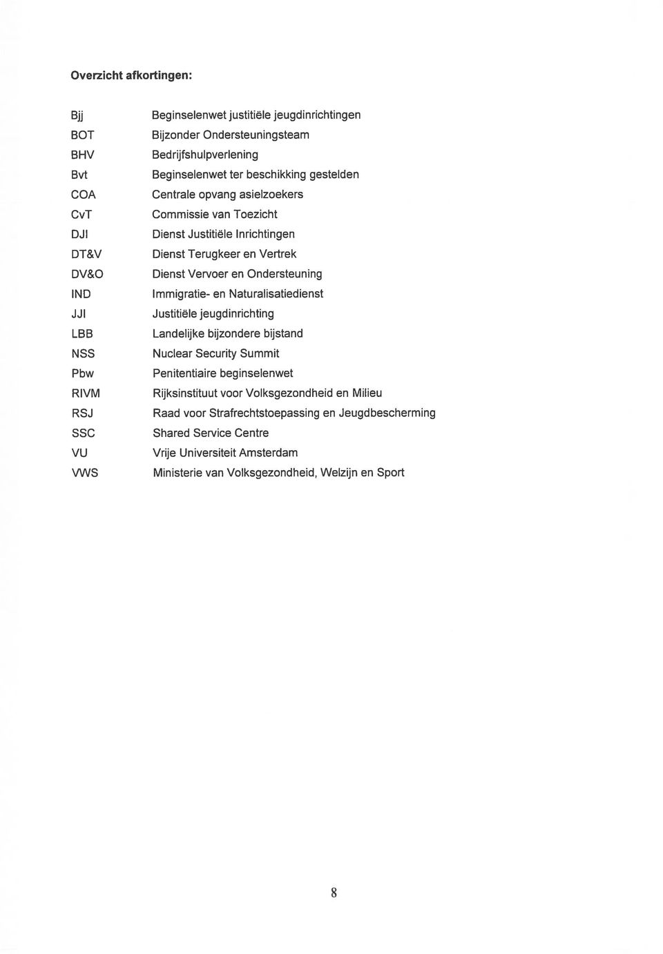 Vervoer en Ondersteuning Immigratïe- en Naturalisatiedienst Justitiële jeugdinrichting Landelijke bijzondere bijstand Nuclear Security Summit Penitentiaire beginselenwet