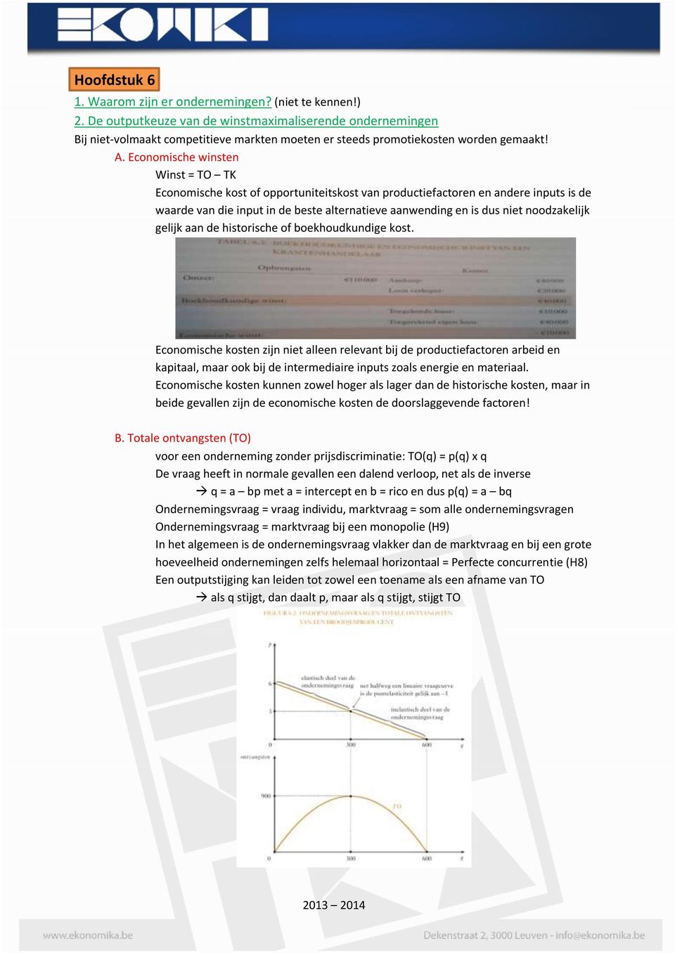 Economische winsten Winst = TO TK Economische kost of opportuniteitskost van productiefactoren en andere inputs is de waarde van die input in de beste alternatieve aanwending en is dus niet