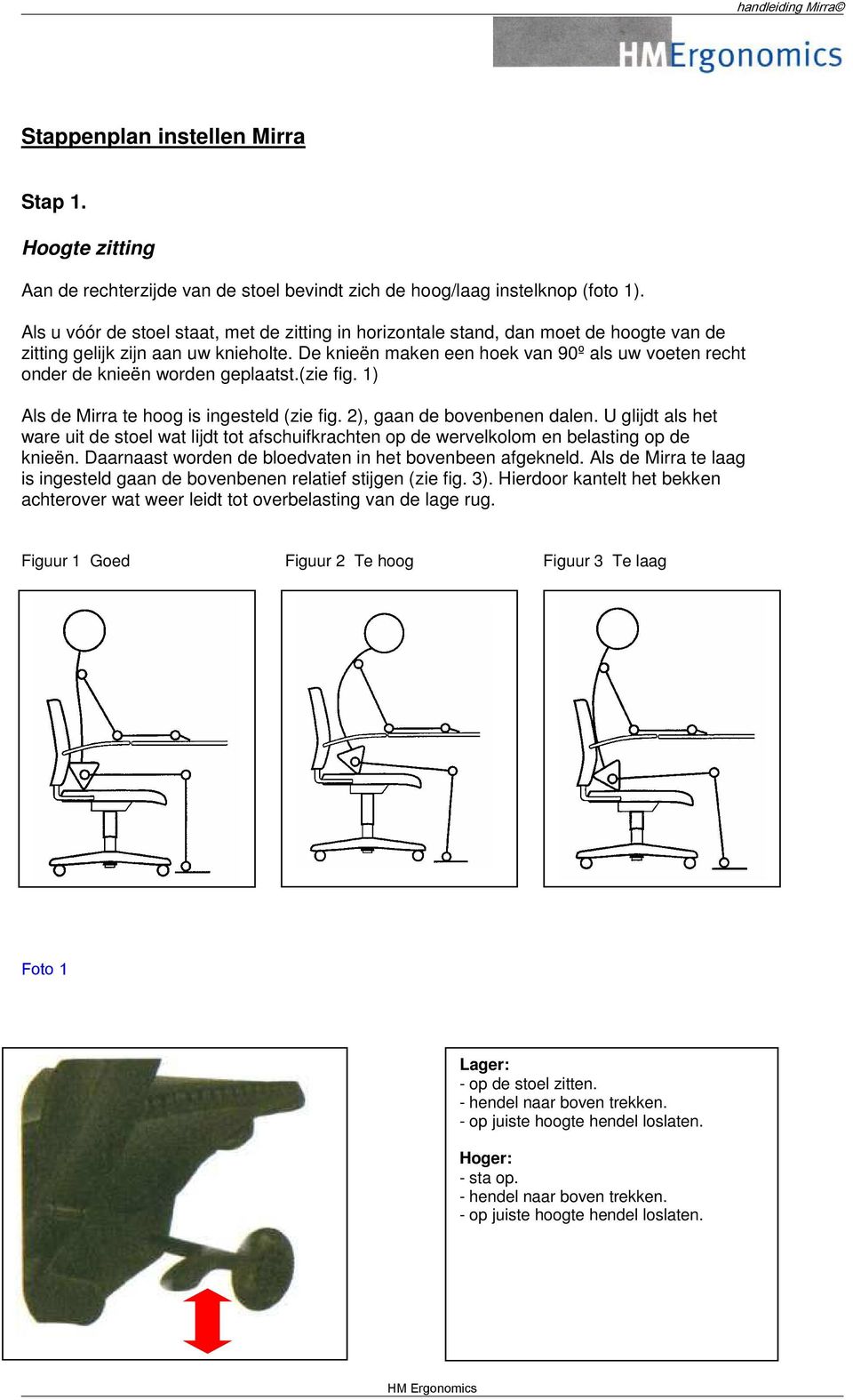 De knieën maken een hoek van 90º als uw voeten recht onder de knieën worden geplaatst.(zie fig. 1) Als de Mirra te hoog is ingesteld (zie fig. 2), gaan de bovenbenen dalen.