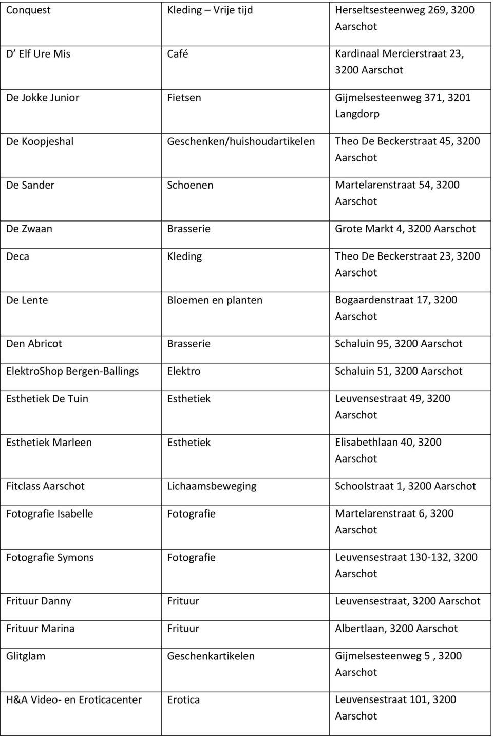 Bloemen en planten Bogaardenstraat 17, 3200 Den Abricot Brasserie Schaluin 95, 3200 ElektroShop Bergen-Ballings Elektro Schaluin 51, 3200 Esthetiek De Tuin Esthetiek Leuvensestraat 49, 3200 Esthetiek