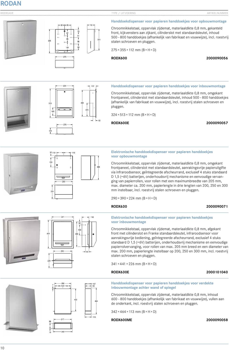 275 355 112 mm (B H D) RODX600 2000090056 Handdoekdispenser voor papieren handdoekjes voor inbouwmontage Chroomnikkelstaal, oppervlak zijdemat, materiaaldikte 0,8 mm, omgekant frontpaneel,