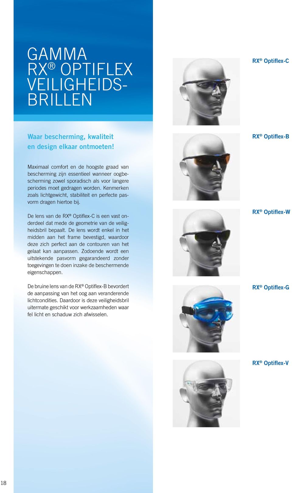 Kenmerken zoals lichtgewicht, stabiliteit en perfecte pasvorm dragen hiertoe bij. De lens van de RX Optiflex-C is een vast onderdeel dat mede de geometrie van de veiligheidsbril bepaalt.