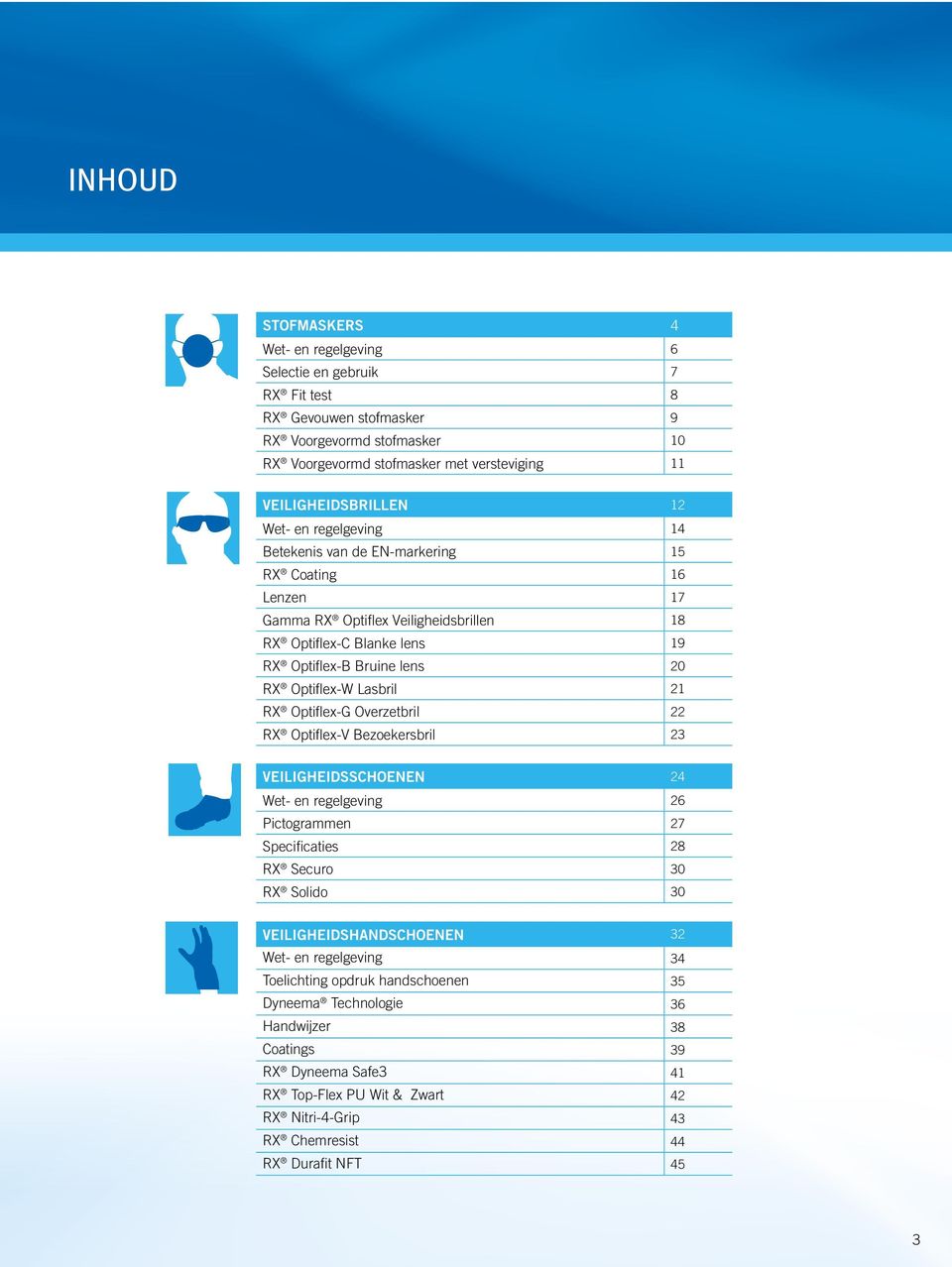 Lasbril 21 RX Optiflex-G Overzetbril 22 RX Optiflex-V Bezoekersbril 23 VEILIGHEIDSSCHOENEN 24 Wet- en regelgeving 26 Pictogrammen 27 Specificaties 28 RX Securo 30 RX Solido 30 VEILIGHEIDSHANDSCHOENEN