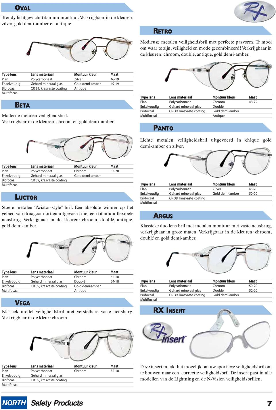 Type lens Lens materiaal Montuur kleur Maat Plan Polycarbonaat Zilver 46-19 Enkelvoudig Gehard mineraal glas Gold demi-amber 49-19 Biofocaal CR 39, krasvaste coating Antique Multifocaal BETA Moderne