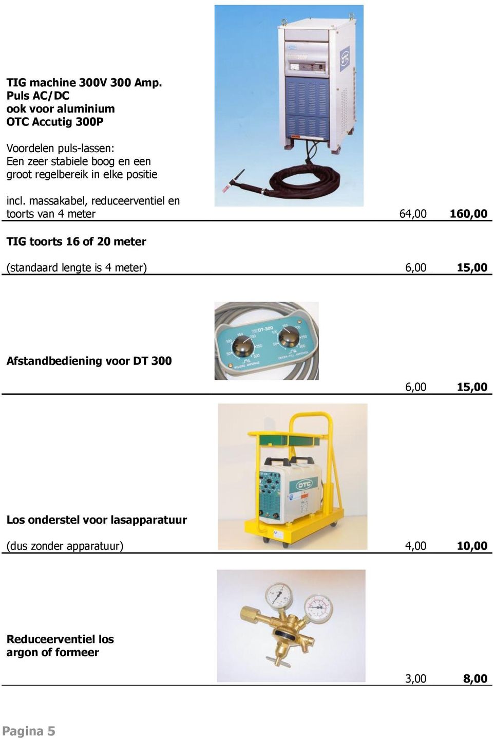 regelbereik in elke positie toorts van 4 meter 64,00 160,00 TIG toorts 16 of 20 meter (standaard lengte