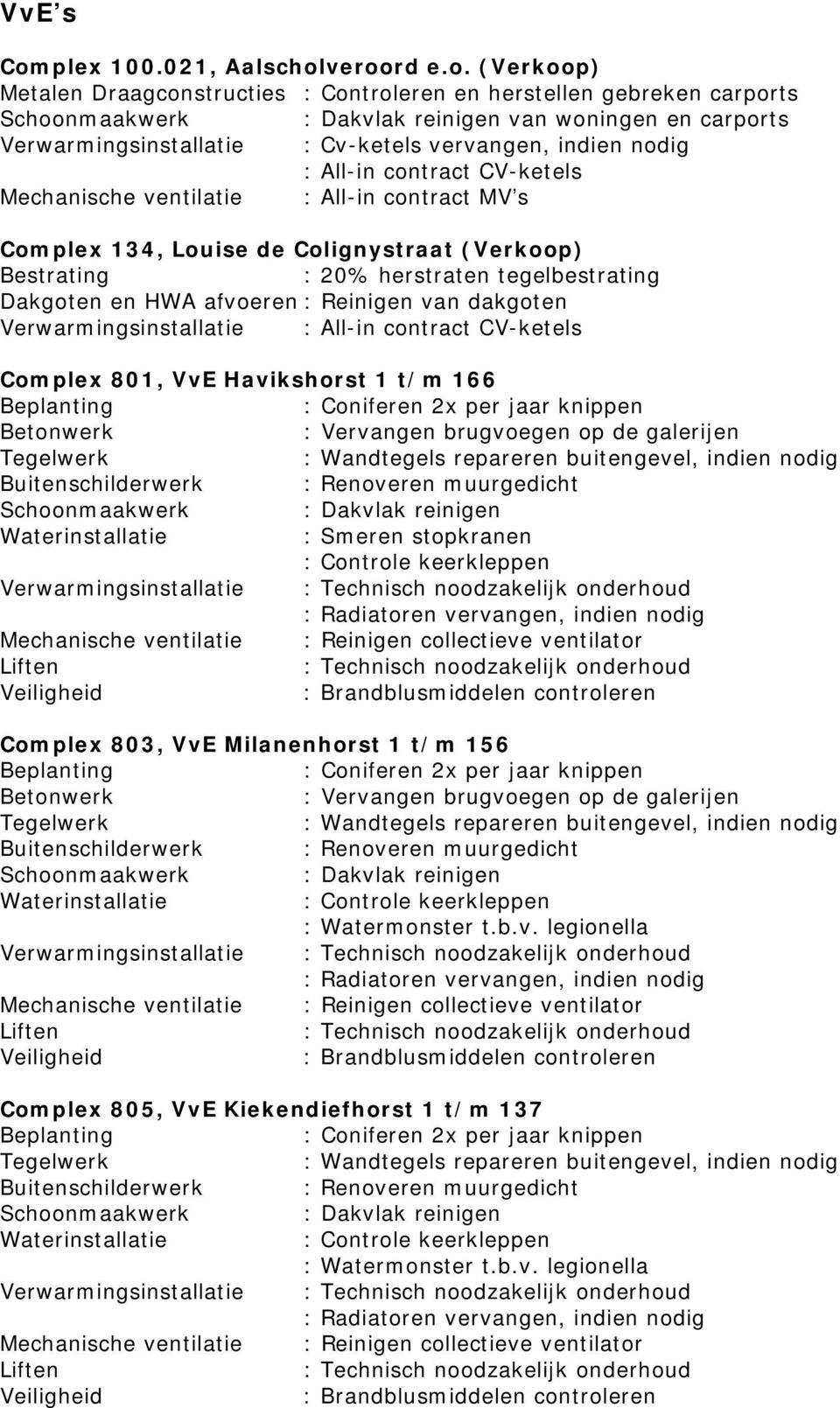 veroord e.o. (Verkoop) Metalen Draagconstructies : Controleren en herstellen gebreken carports : Dakvlak reinigen van woningen en carports Verwarmingsinstallatie : Cv-ketels vervangen, indien nodig :