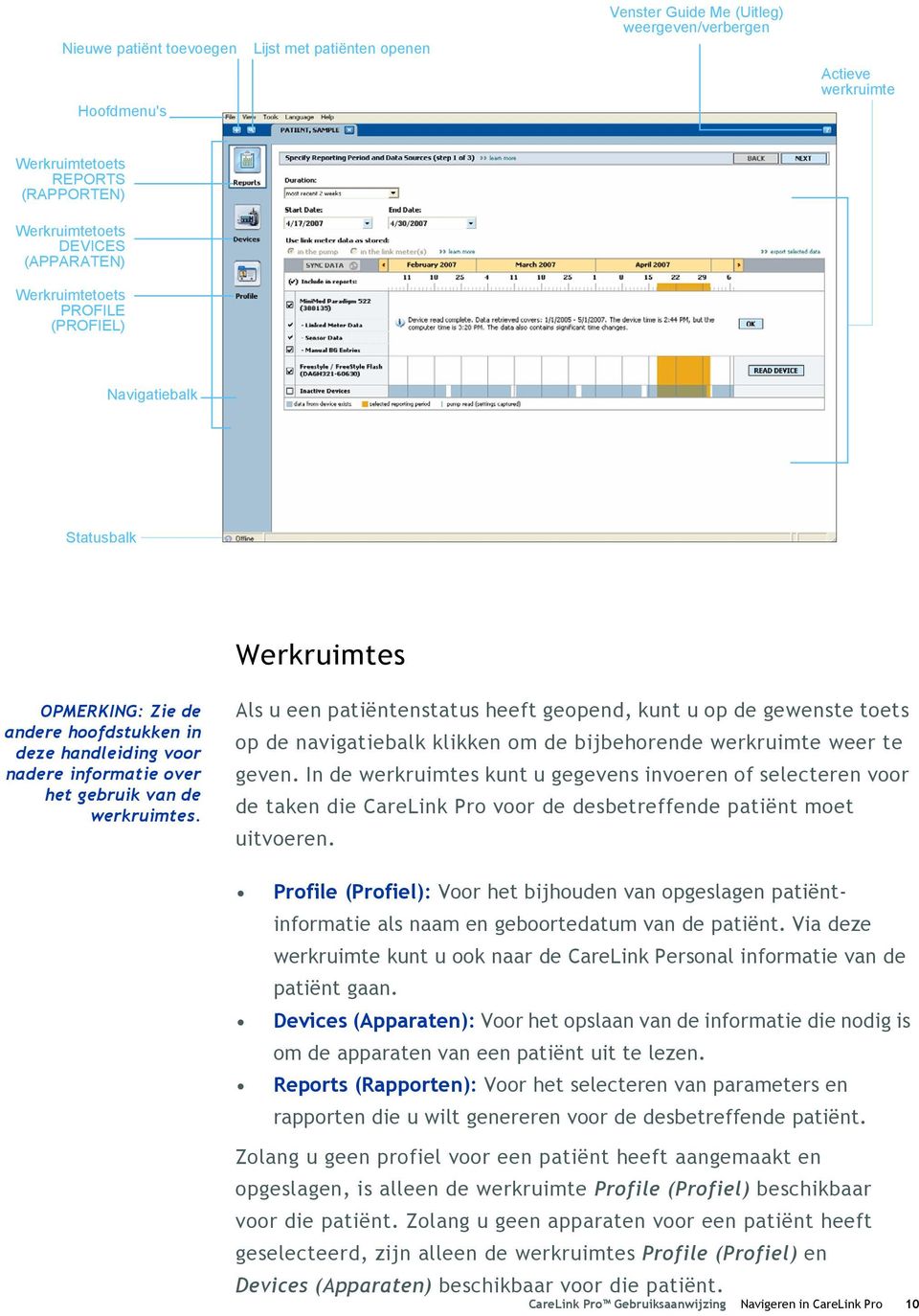 Als u een patiëntenstatus heeft geopend, kunt u op de gewenste toets op de navigatiebalk klikken om de bijbehorende werkruimte weer te geven.