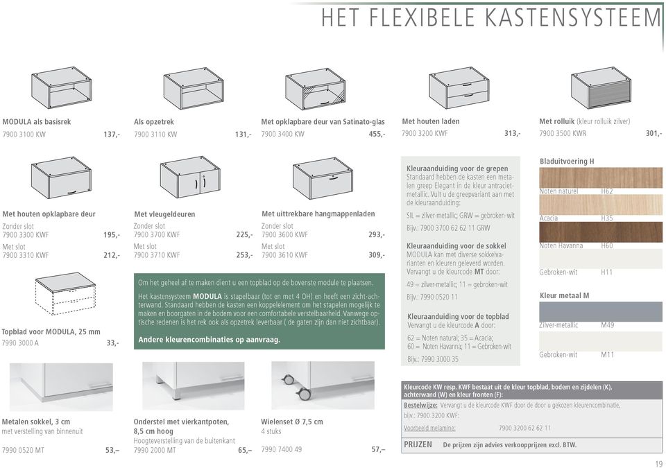 Vult u de greepvariant aan met de kleuraanduiding: Bladuitvoering H Noten naturel H62 Met houten opklapbare deur Zonder slot 7900 3300 KWF 195,- Met slot 7900 3310 KWF 212,- Met vleugeldeuren Zonder