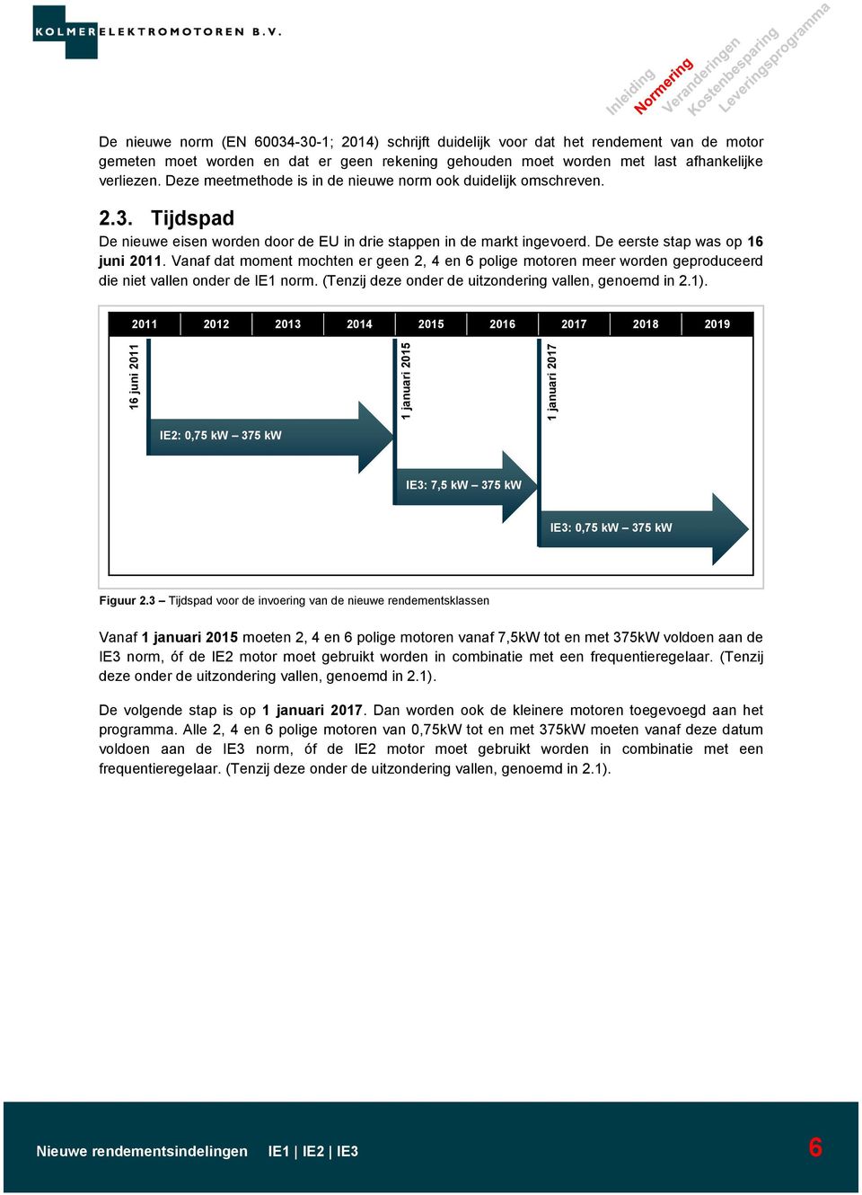 De eerste stap was op 16 juni 2011. Vanaf dat moment mochten er geen 2, 4 en 6 polige motoren meer worden geproduceerd die niet vallen onder de IE1 norm.