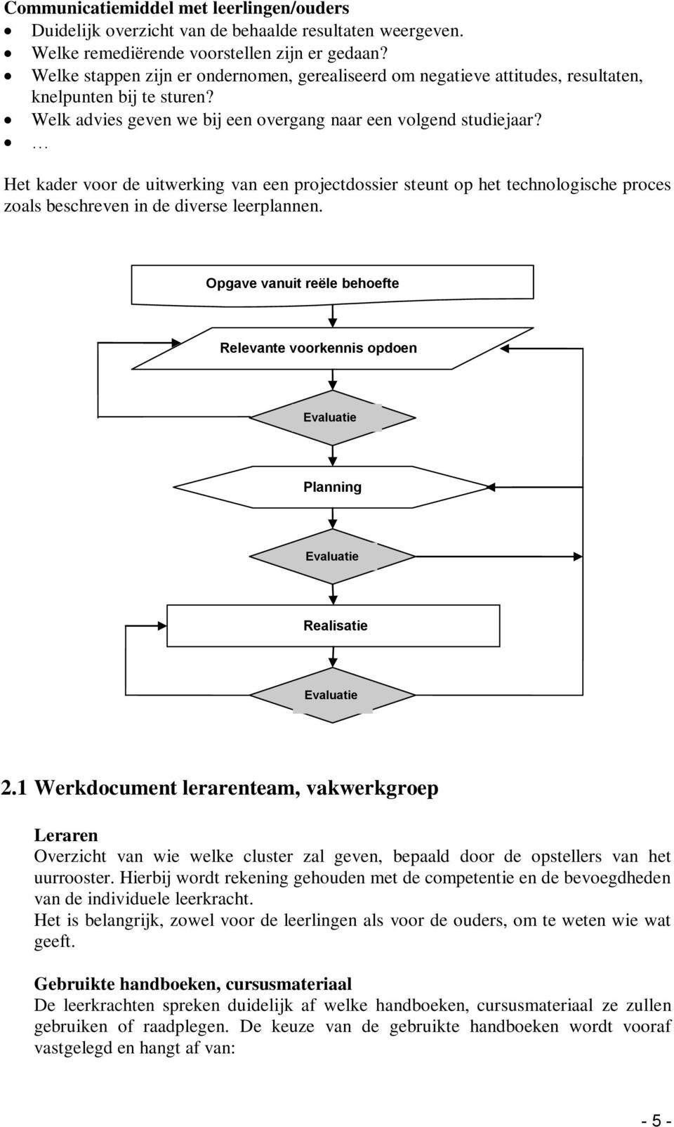 Het kader voor de uitwerking van een projectdossier steunt op het technologische proces zoals beschreven in de diverse leerplannen.