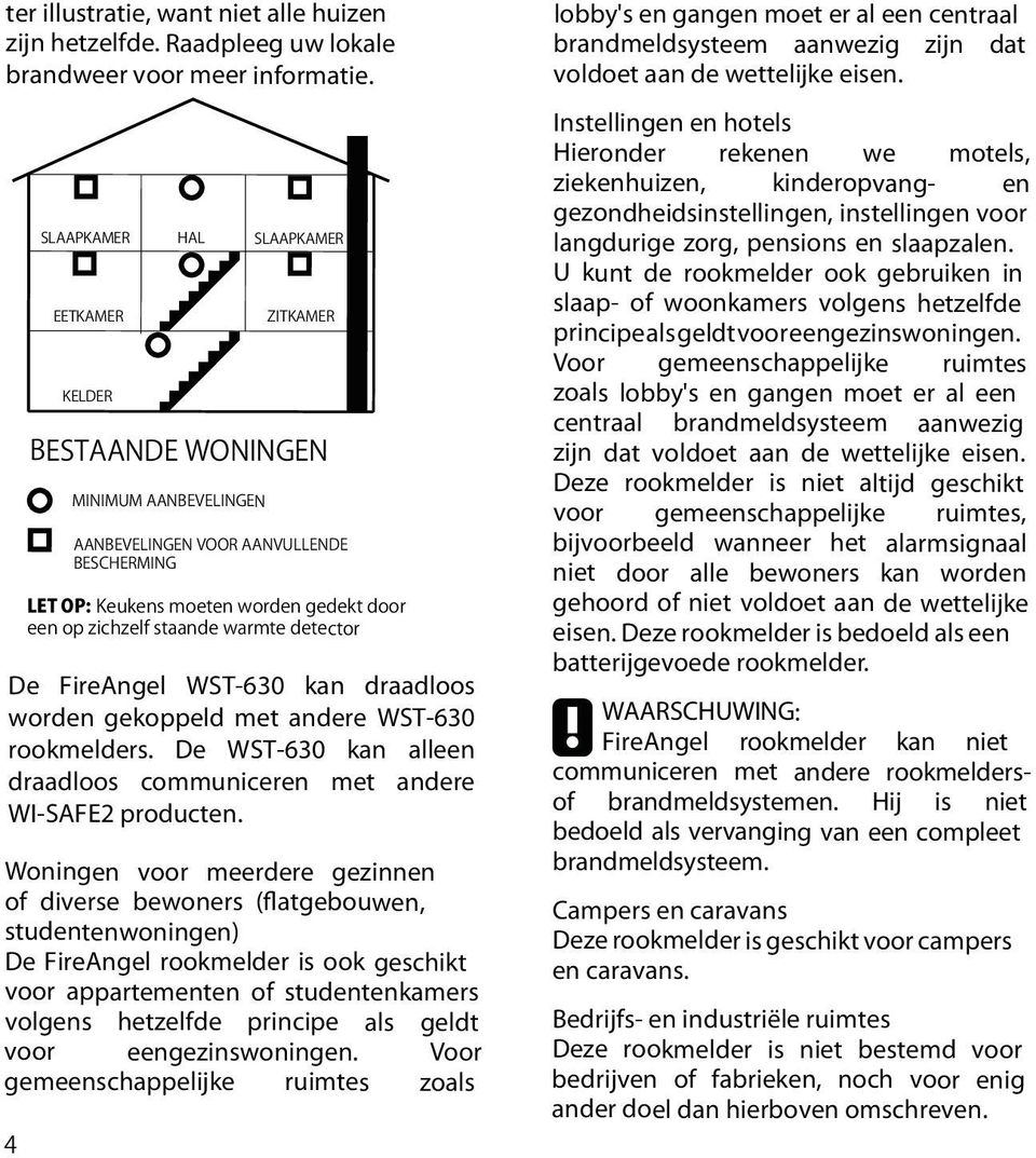 geldt voor eengezinswoningen. Voor gemeenschappelijke ruimtes zoals De FireAngel WST-630 kan draadloos worden gekoppeld met andere WST-630 rookmelders.