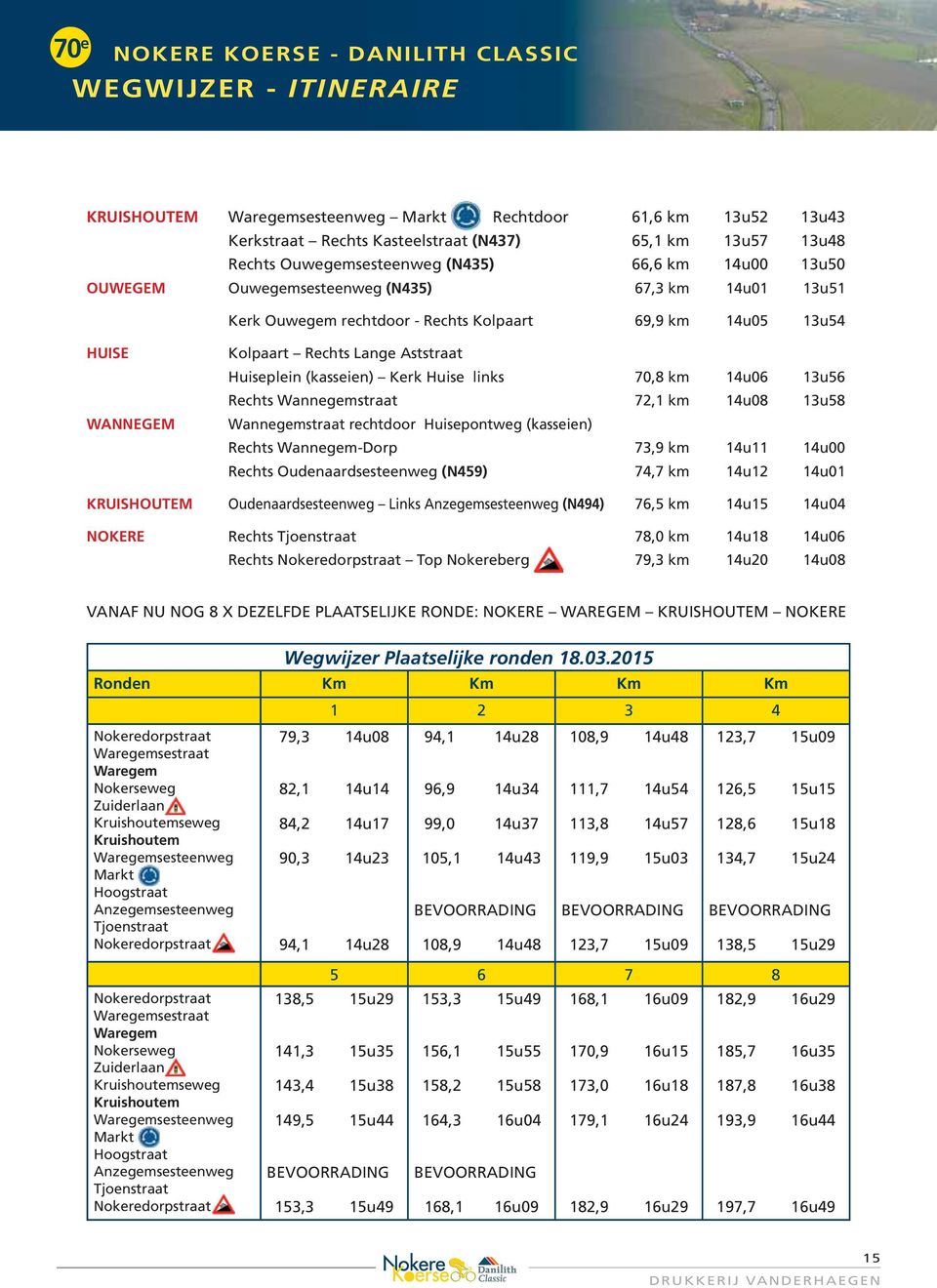 70,8 km 14u06 13u56 Rechts Wannegemstraat 72,1 km 14u08 13u58 Wannegemstraat rechtdoor Huisepontweg (kasseien) Rechts Wannegem-Dorp 73,9 km 14u11 14u00 Rechts Oudenaardsesteenweg (N459) 74,7 km 14u12