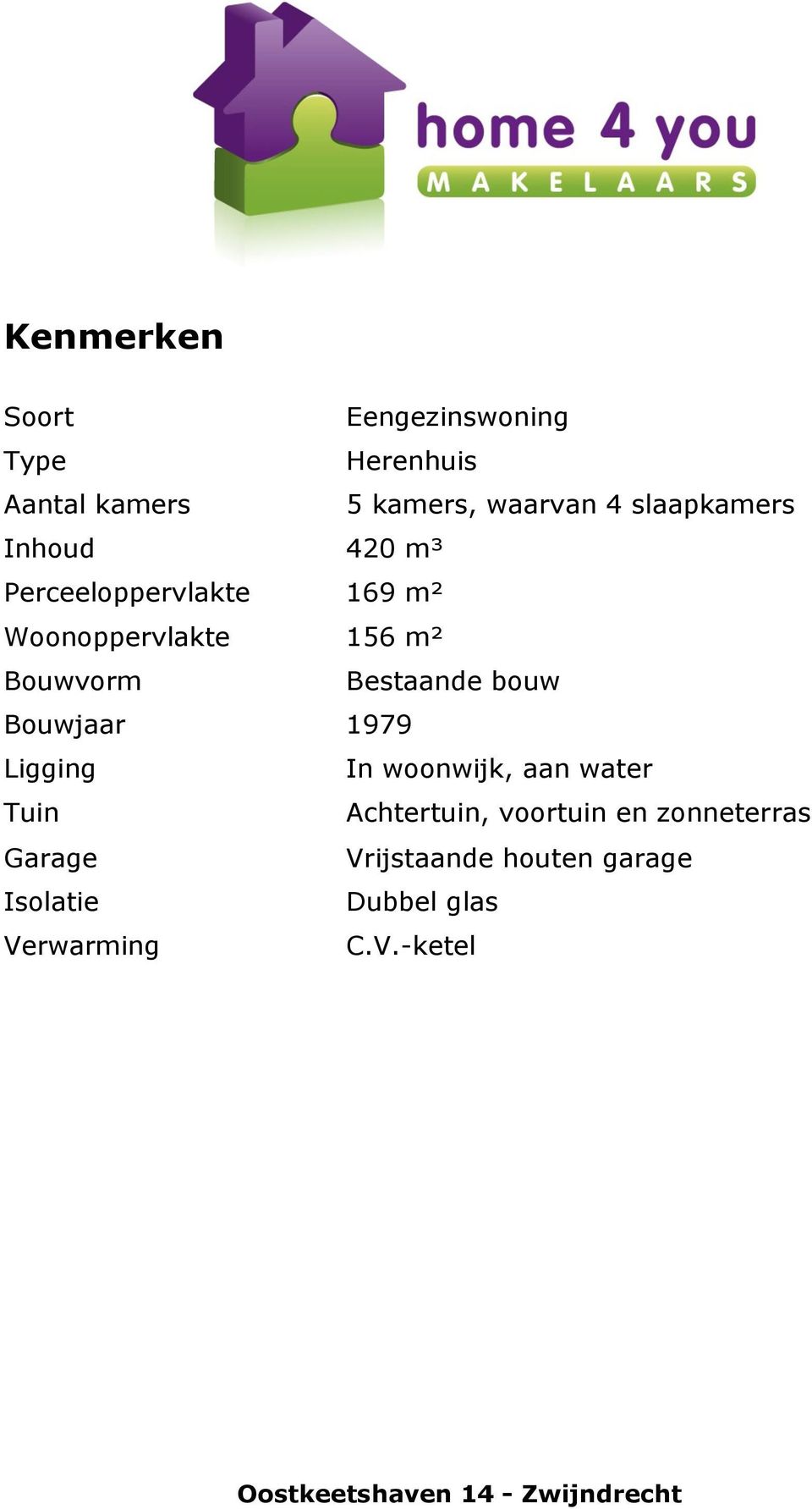 Bouwjaar 1979 Ligging In woonwijk, aan water Tuin Achtertuin, voortuin en zonneterras Garage