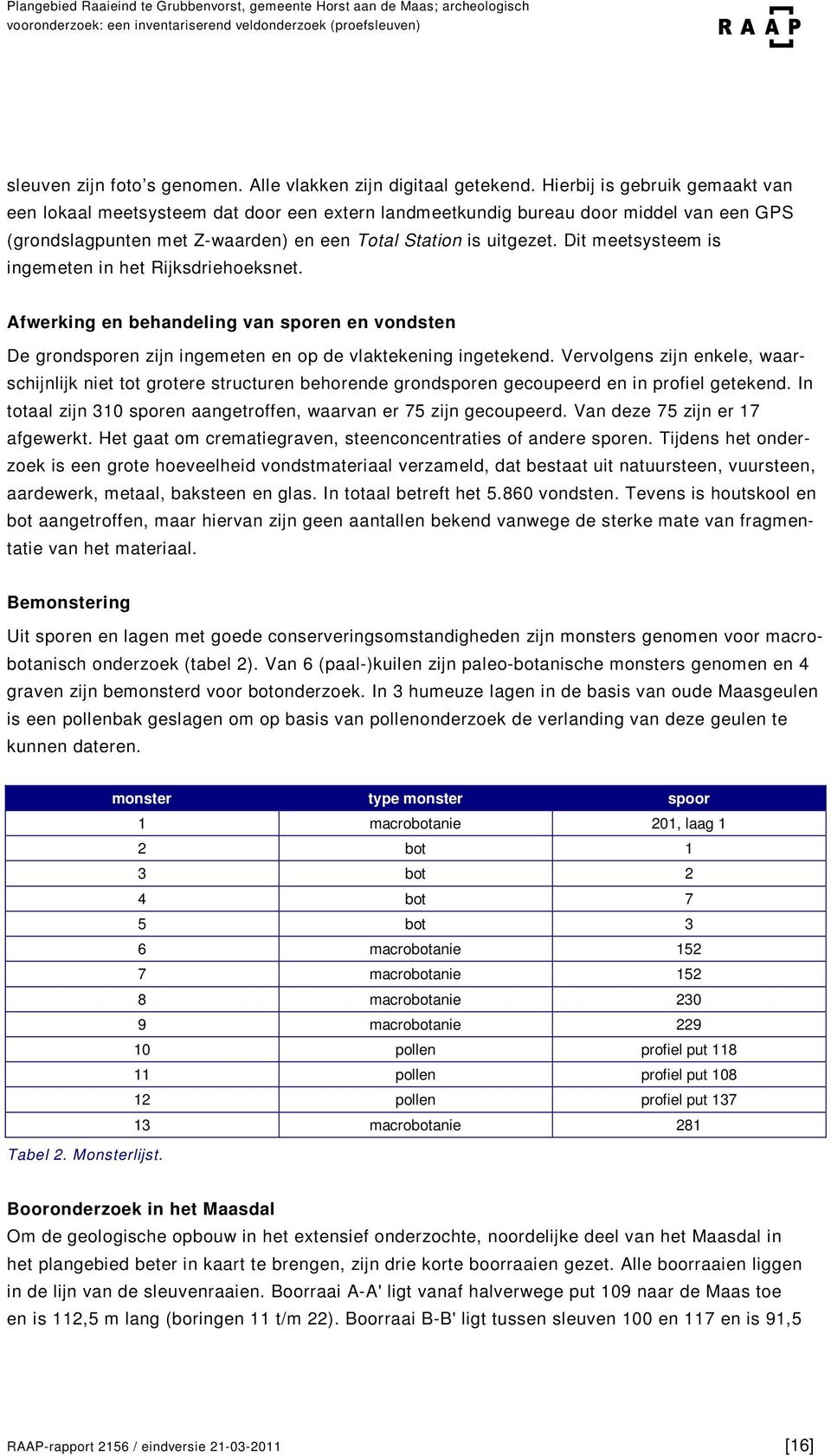 Dit meetsysteem is ingemeten in het Rijksdriehoeksnet. Afwerking en behandeling van sporen en vondsten De grondsporen zijn ingemeten en op de vlaktekening ingetekend.