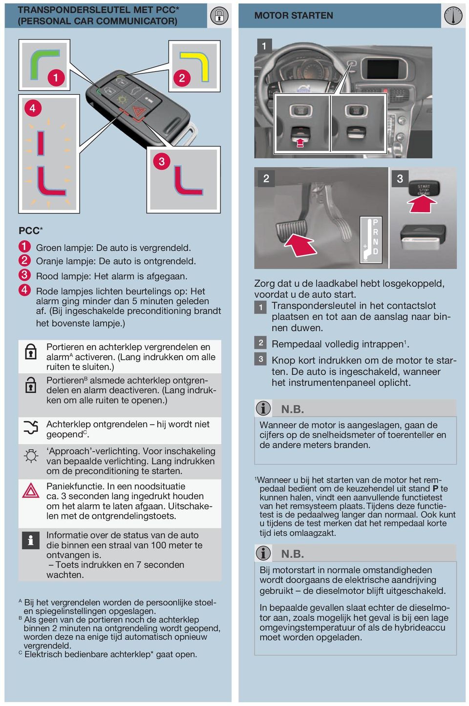 ) Portieren en achterklep vergrendelen en alarm A activeren. (Lang indrukken om alle ruiten te sluiten.) Portieren B alsmede achterklep ontgrendelen en alarm deactiveren.