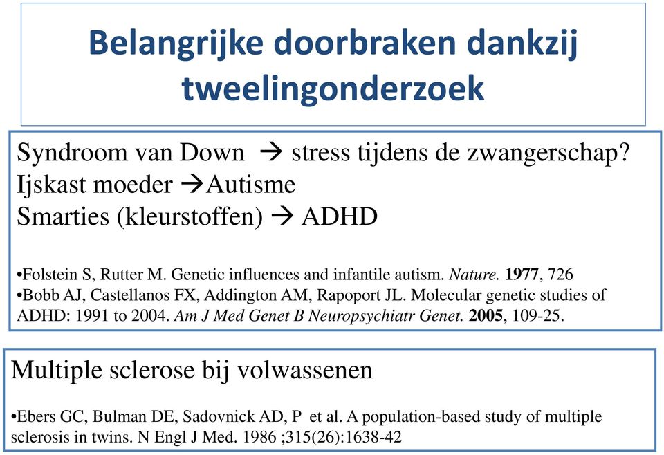 1977, 726 Bobb AJ, Castellanos FX, Addington AM, Rapoport JL. Molecular genetic studies of ADHD: 1991 to 2004.