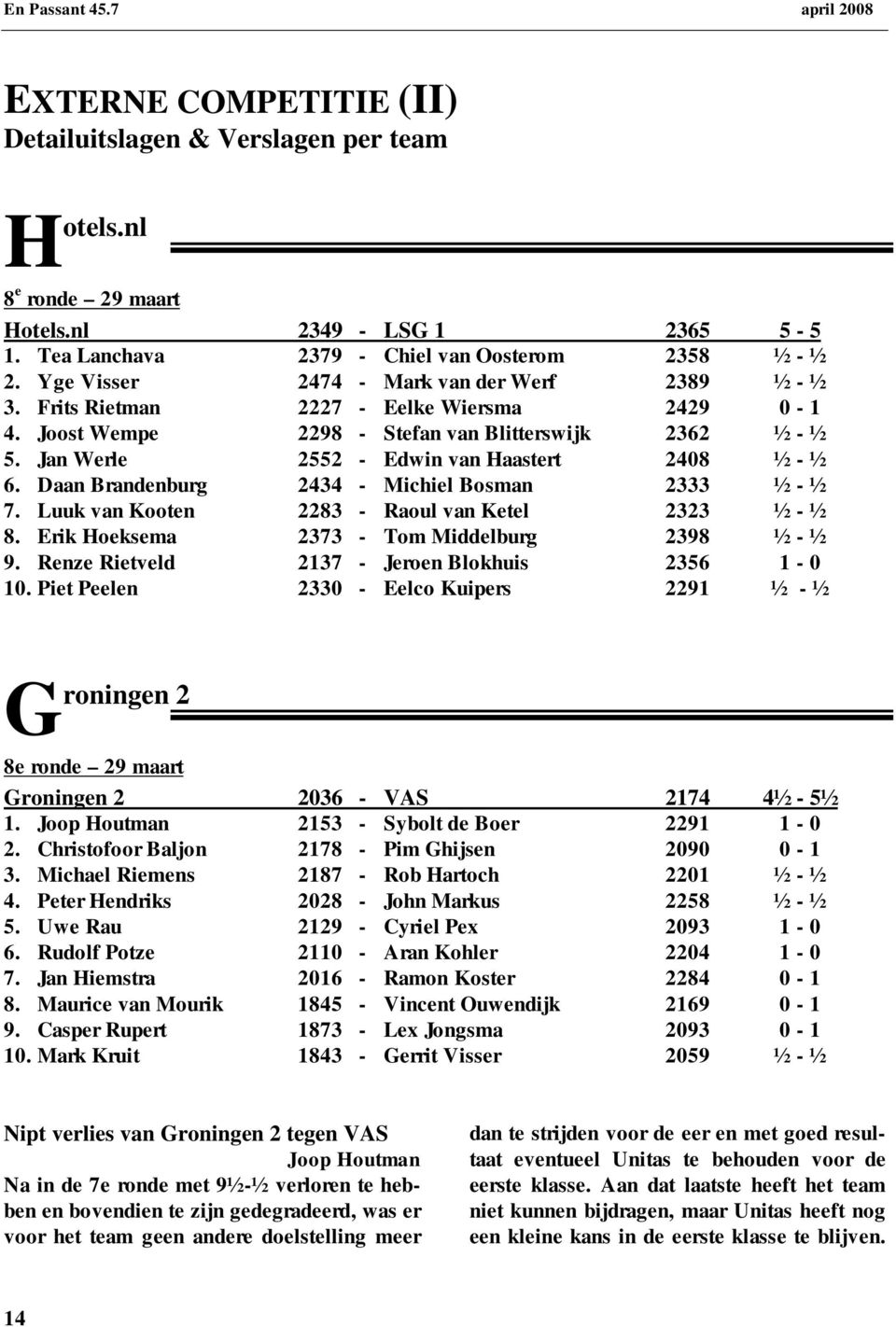 Jan Werle 2552 - Edwin van Haastert 2408 ½ - ½ 6. Daan Brandenburg 2434 - Michiel Bosman 2333 ½ - ½ 7. Luuk van Kooten 2283 - Raoul van Ketel 2323 ½ - ½ 8.