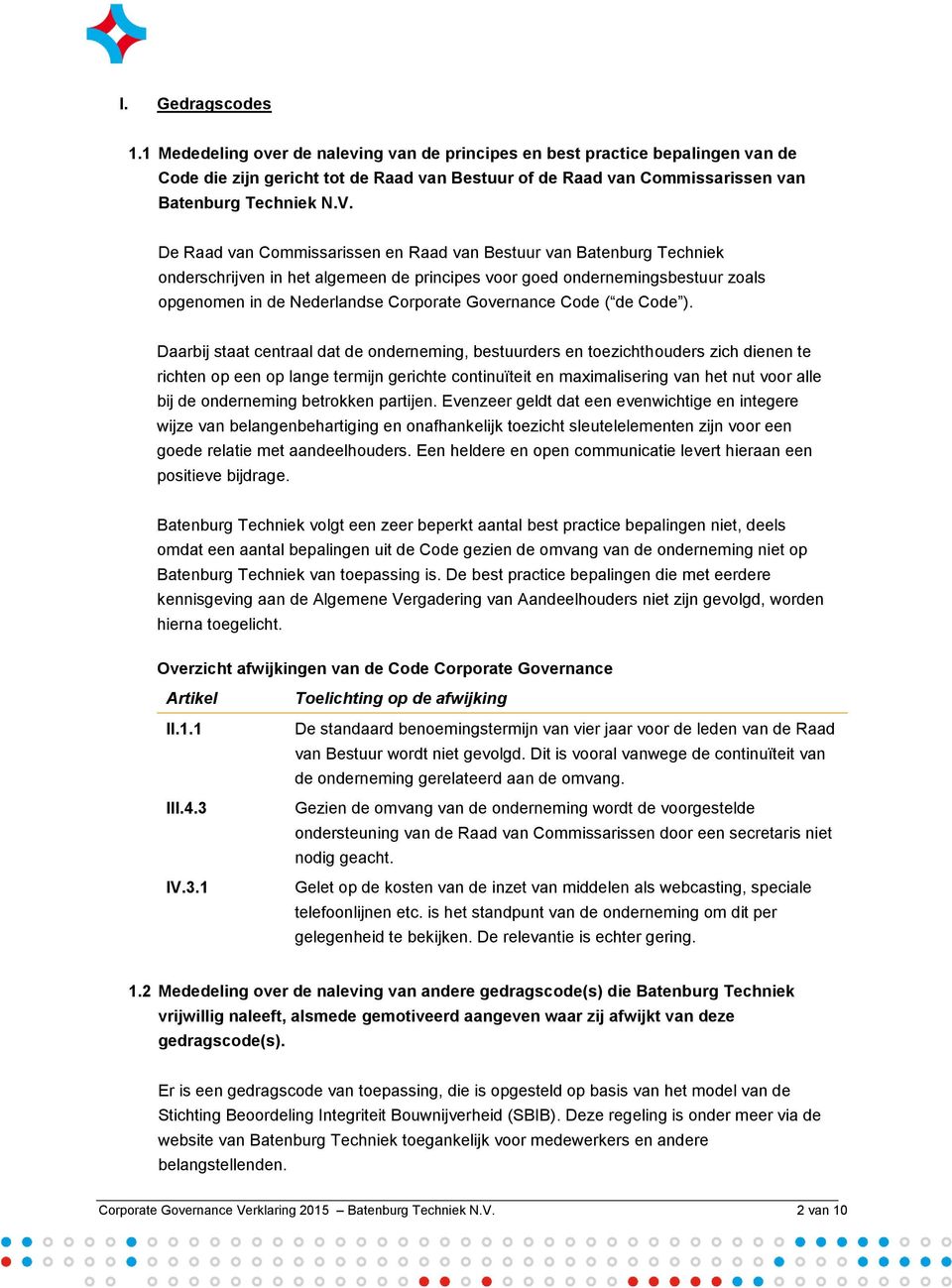 De Raad van Commissarissen en Raad van Bestuur van Batenburg Techniek onderschrijven in het algemeen de principes voor goed ondernemingsbestuur zoals opgenomen in de Nederlandse Corporate Governance