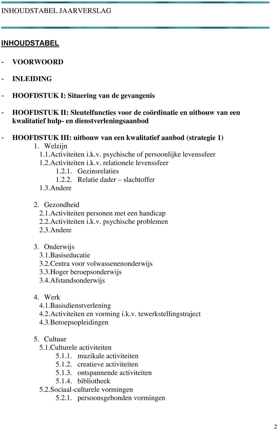 2.1. Gezinsrelaties 1.2.2. Relatie dader slachtoffer 1.3.Andere 2. Gezondheid 2.1.Activiteiten personen met een handicap 2.2.Activiteiten i.k.v. psychische problemen 2.3.Andere 3. Onderwijs 3.1.Basiseducatie 3.