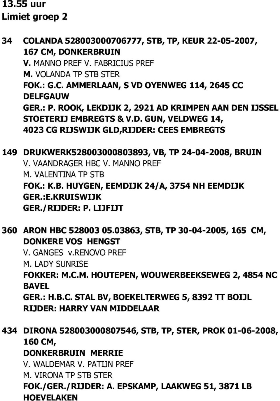 VAANDRAGER HBC V. MANNO PREF M. VALENTINA TP STB FOK.: K.B. HUYGEN, EEMDIJK 24/A, 3754 NH EEMDIJK GER.:E.KRUISWIJK GER./RIJDER: P. LIJFIJT 360 ARON HBC 528003 05.