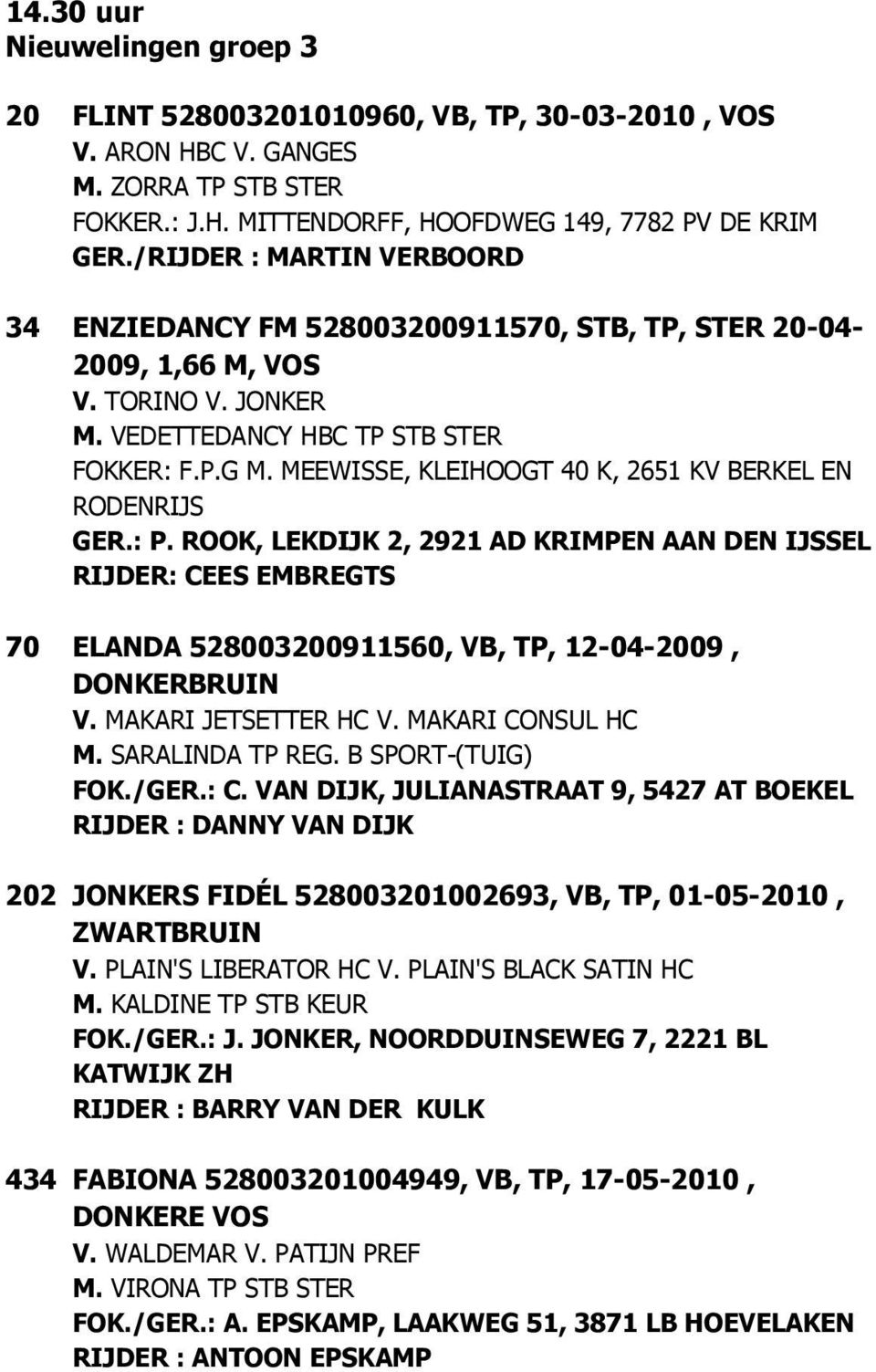 MEEWISSE, KLEIHOOGT 40 K, 2651 KV BERKEL EN RODENRIJS GER.: P. ROOK, LEKDIJK 2, 2921 AD KRIMPEN AAN DEN IJSSEL RIJDER: CEES EMBREGTS 70 ELANDA 528003200911560, VB, TP, 12-04-2009, DONKERBRUIN V.