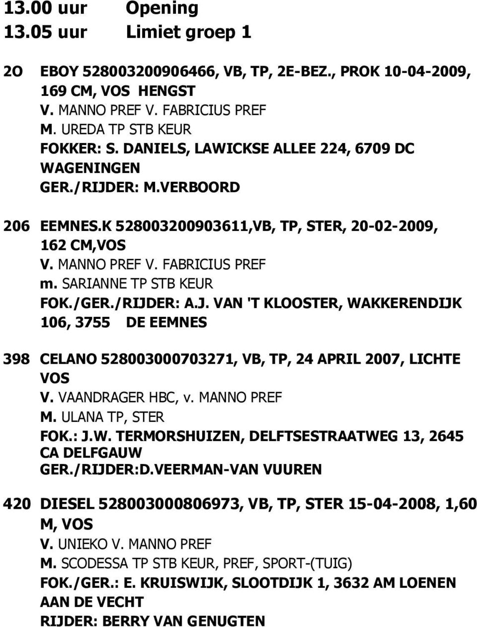 /GER./RIJDER: A.J. VAN 'T KLOOSTER, WAKKERENDIJK 106, 3755 DE EEMNES 398 CELANO 528003000703271, VB, TP, 24 APRIL 2007, LICHTE VOS V. VAANDRAGER HBC, v. MANNO PREF M. ULANA TP, STER FOK.: J.W. TERMORSHUIZEN, DELFTSESTRAATWEG 13, 2645 CA DELFGAUW GER.