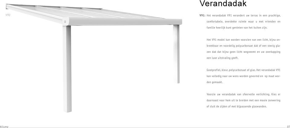 Het V91 model kan worden voorzien van een licht, bijna onbreekbaar en voordelig polycarbonaat dak of een stevig glazen dak dat bijna geen licht wegneemt en uw overkapping