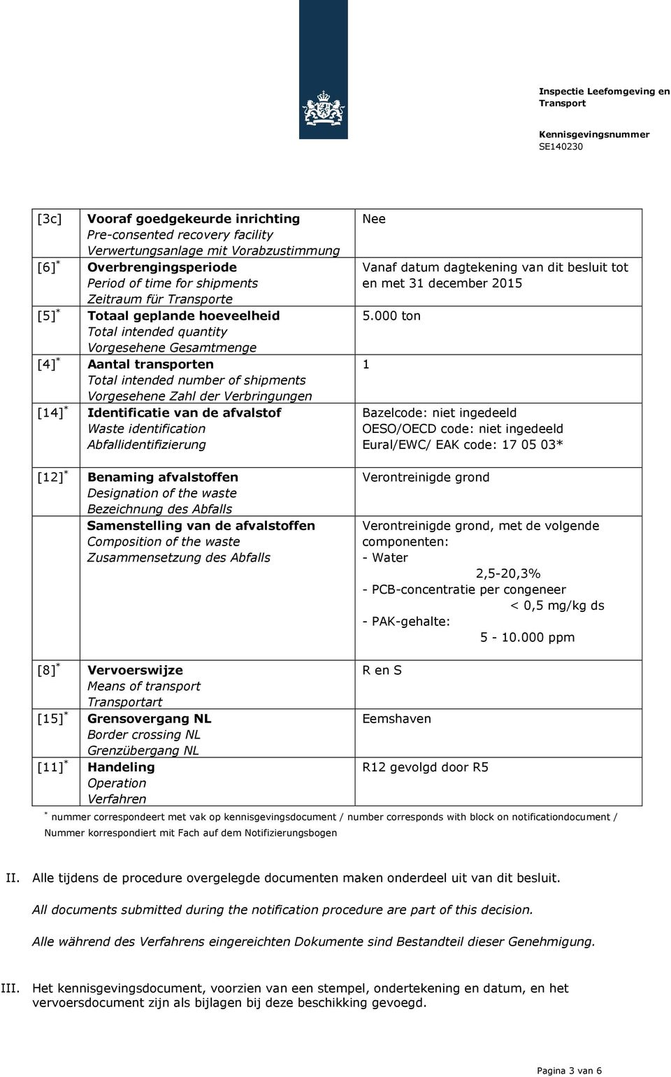 identification Abfallidentifizierung [12] * Benaming afvalstoffen Designation of the waste Bezeichnung des Abfalls Samenstelling van de afvalstoffen Composition of the waste Zusammensetzung des