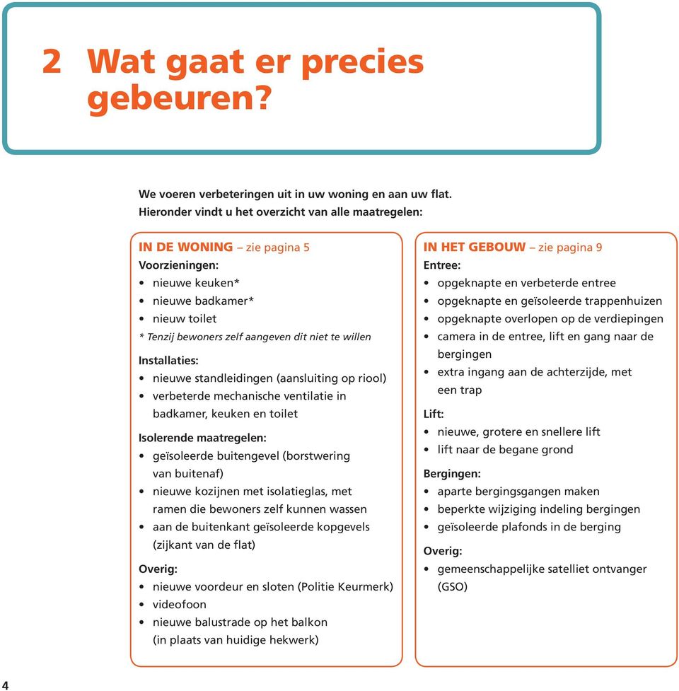 Installaties: nieuwe standleidingen (aansluiting op riool) verbeterde mechanische ventilatie in badkamer, keuken en toilet Isolerende maatregelen: geïsoleerde buitengevel (borstwering van buitenaf)