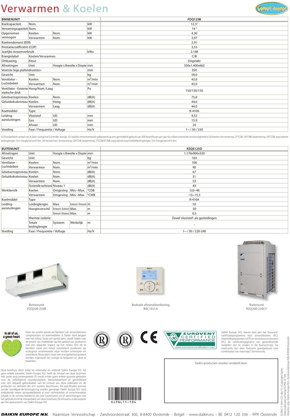 7 CDB/6 CNB; equivalente koelmiddelleidinglengte: 5m; hoogteverschil: 0m BUITENUNIT RZQS125D Afmetingen Unit Hoogte x Breedte x Diepte mm 1.170x900x320 Gewicht Unit kg 103 Ventilator - Koelen Nom.