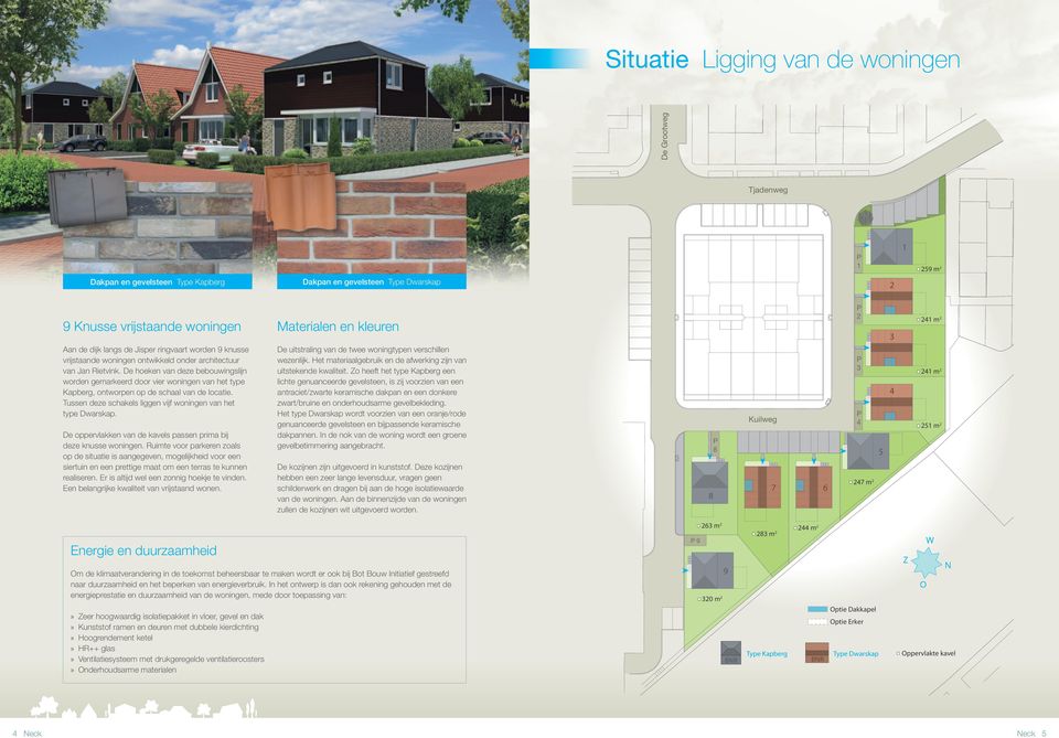 De hoeken van deze bebouwingslijn worden gemarkeerd door vier woningen van het type Kapberg, ontworpen op de schaal van de locatie. Tussen deze schakels liggen vijf woningen van het type Dwarskap.