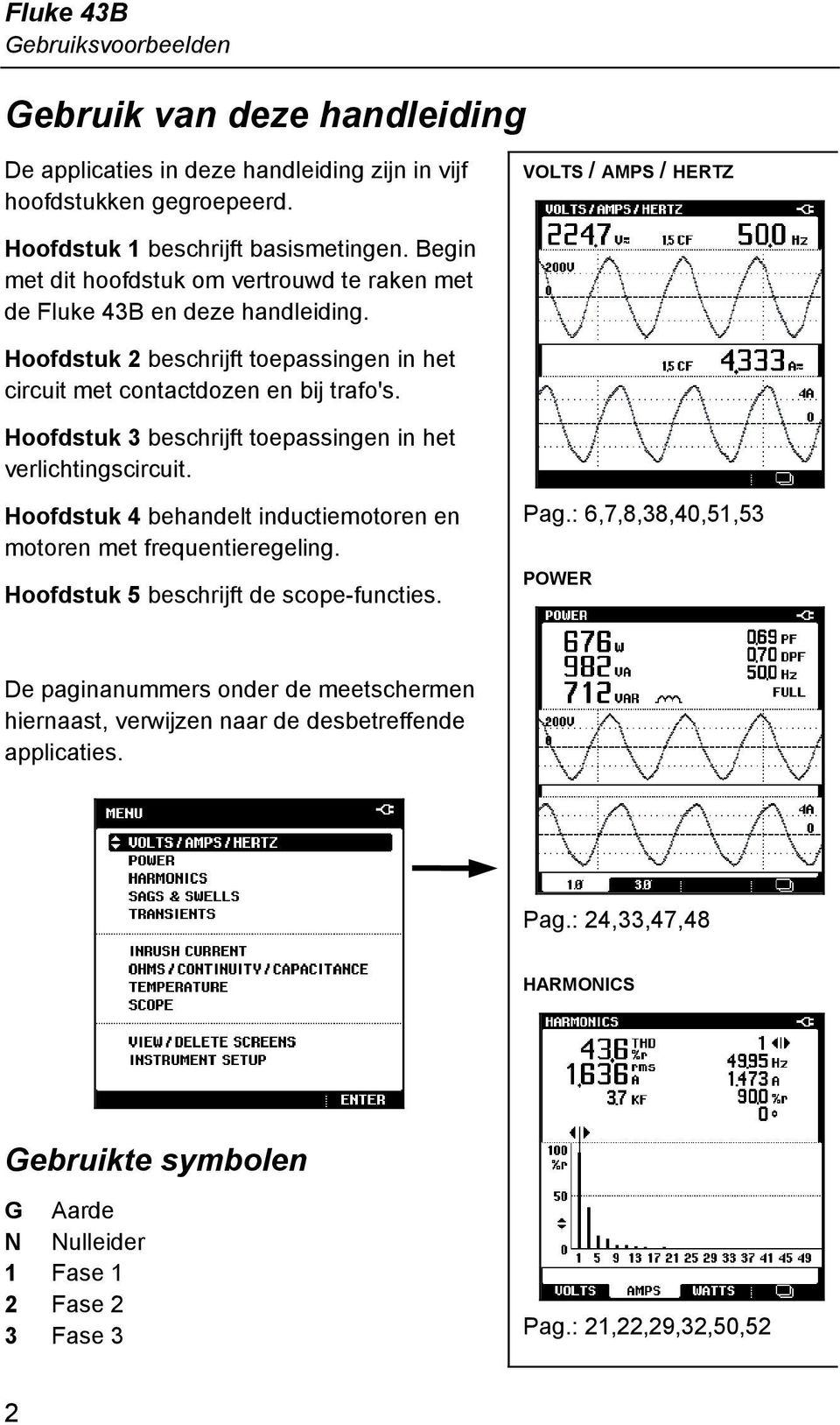 Hoofdstuk 3 beschrijft toepassingen in het verlichtingscircuit. Hoofdstuk 4 behandelt inductiemotoren en motoren met frequentieregeling. Hoofdstuk 5 beschrijft de scope-functies. Pag.