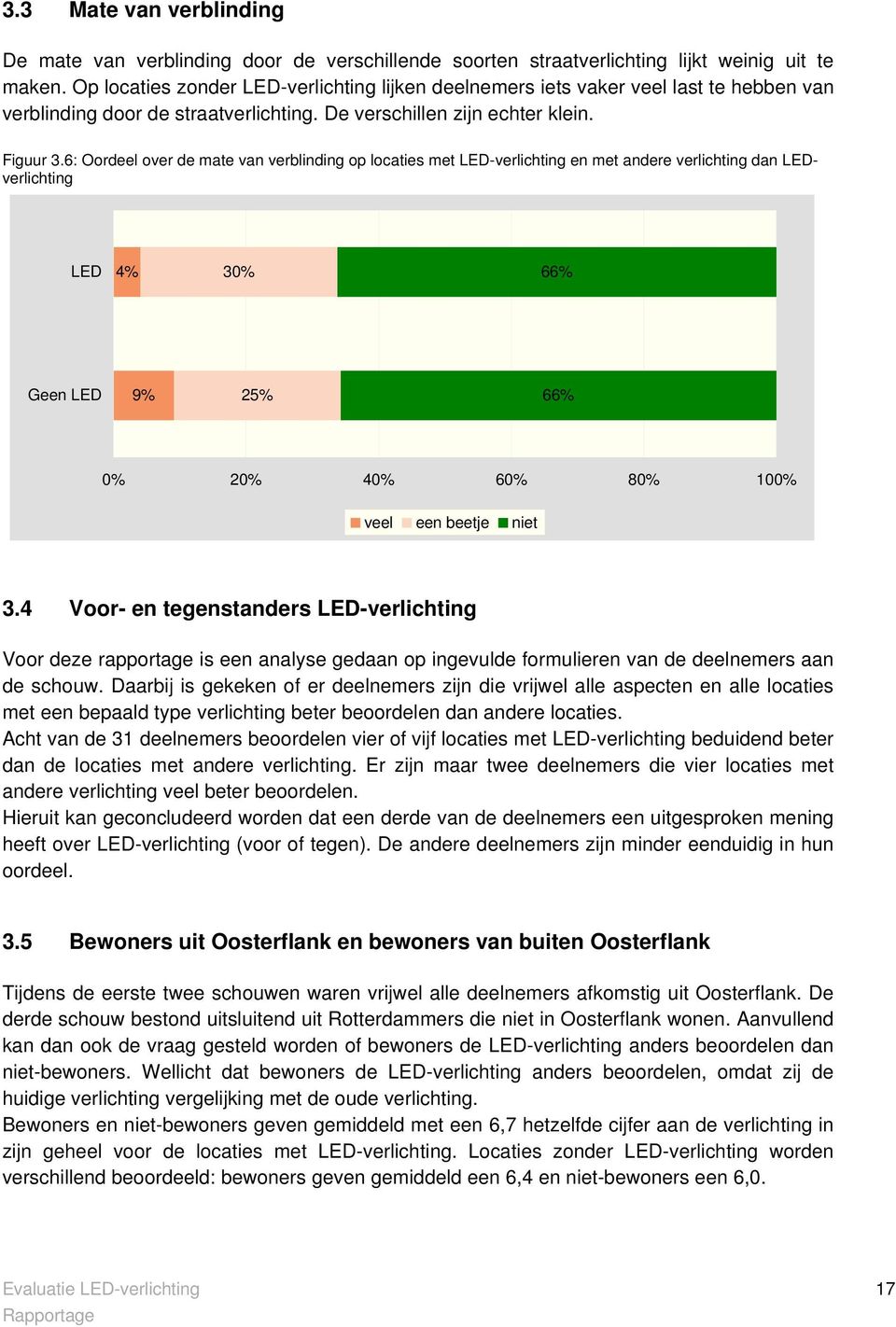 6: Oordeel over de mate van verblinding op locaties met LED-verlichting en met andere verlichting dan LEDverlichting LED 4% 30% 66% Geen LED 9% 25% 66% 0% 20% 40% 60% 80% 100% veel een beetje niet 3.