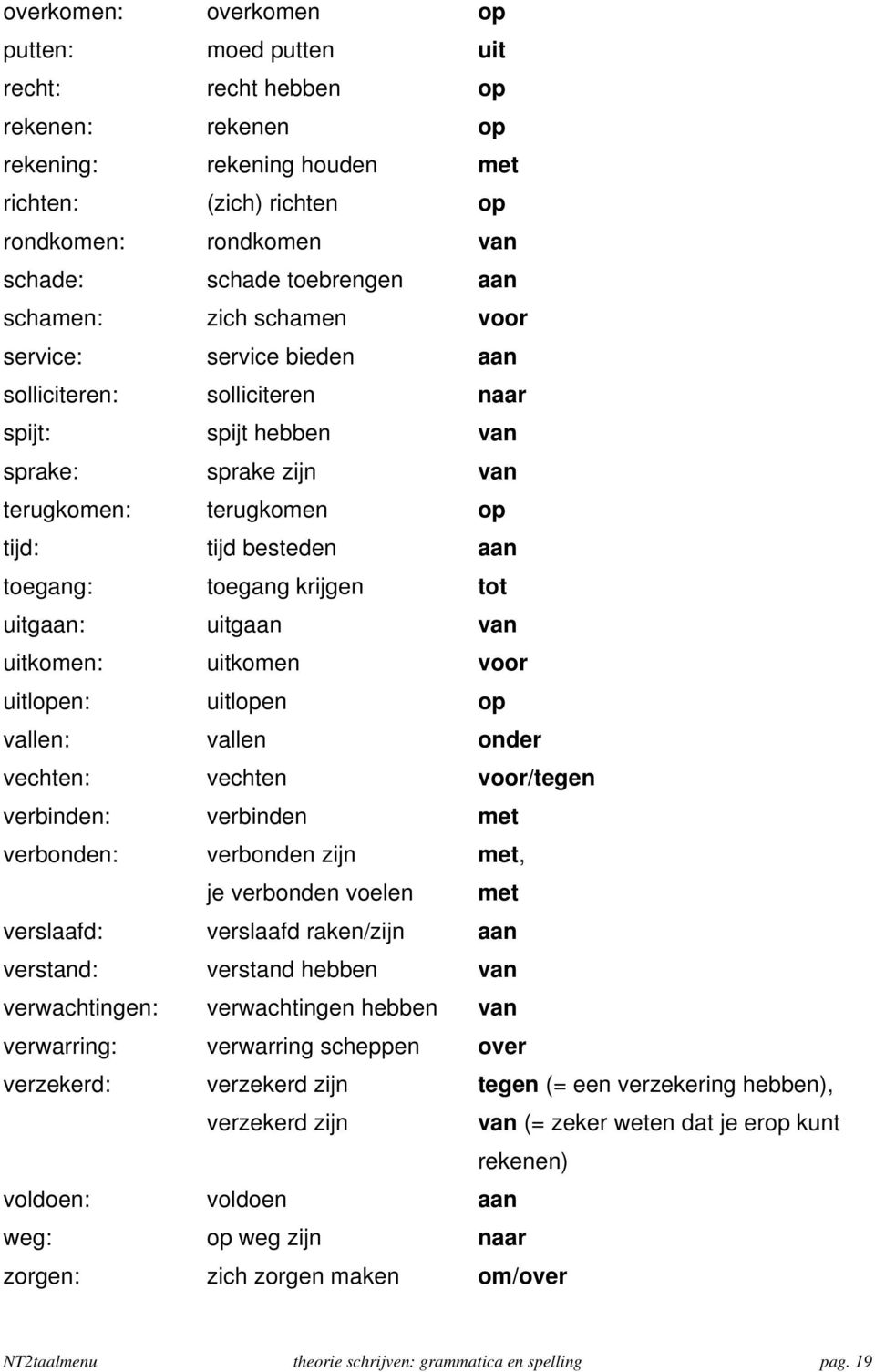 toegang krijgen tot uitgaan: uitgaan van uitkomen: uitkomen voor uitlopen: uitlopen op vallen: vallen onder vechten: vechten voor/tegen verbinden: verbinden met verbonden: verbonden zijn met, je