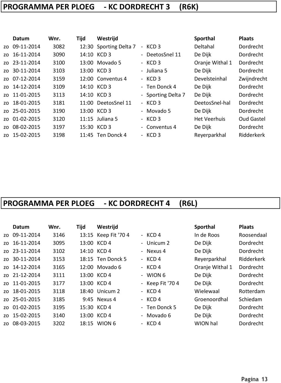 KCD 3 Oranje Withal 1 Dordrecht zo 30-11-2014 3103 13:00 KCD 3 - Juliana 5 De Dijk Dordrecht zo 07-12-2014 3159 12:00 Conventus 4 - KCD 3 Develsteinhal Zwijndrecht zo 14-12-2014 3109 14:10 KCD 3 -