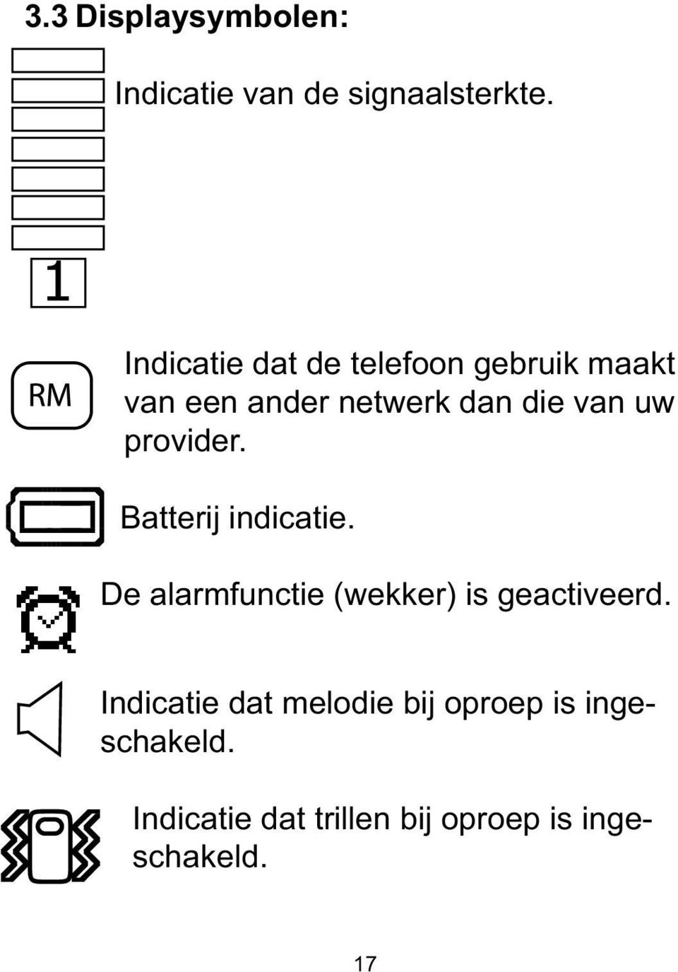 uw provider. Batterij indicatie. De alarmfunctie (wekker) is geactiveerd.