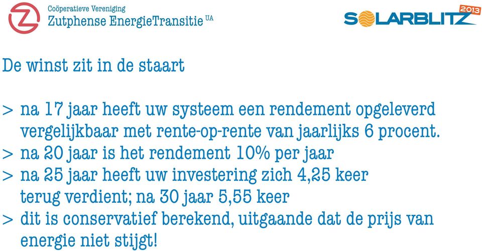 > na 20 jaar is het rendement 10% per jaar > na 25 jaar heeft uw investering zich 4,25