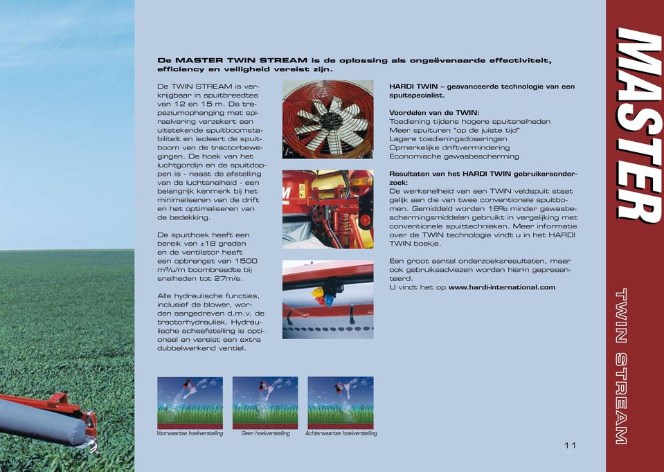 De hoek van het luchtgordijn en de spuitdoppen is - naast de afstelling van de luchtsnelheid - een belangrijk kenmerk bij het minimaliseren van de drift en het optimaliseren van de bedekking.