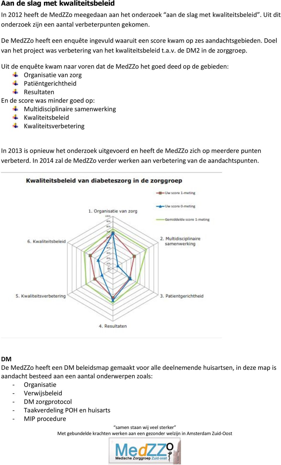 Uit de enquête kwam naar voren dat de MedZZo het goed deed op de gebieden: Organisatie van zorg Patiëntgerichtheid Resultaten En de score was minder goed op: Multidisciplinaire samenwerking