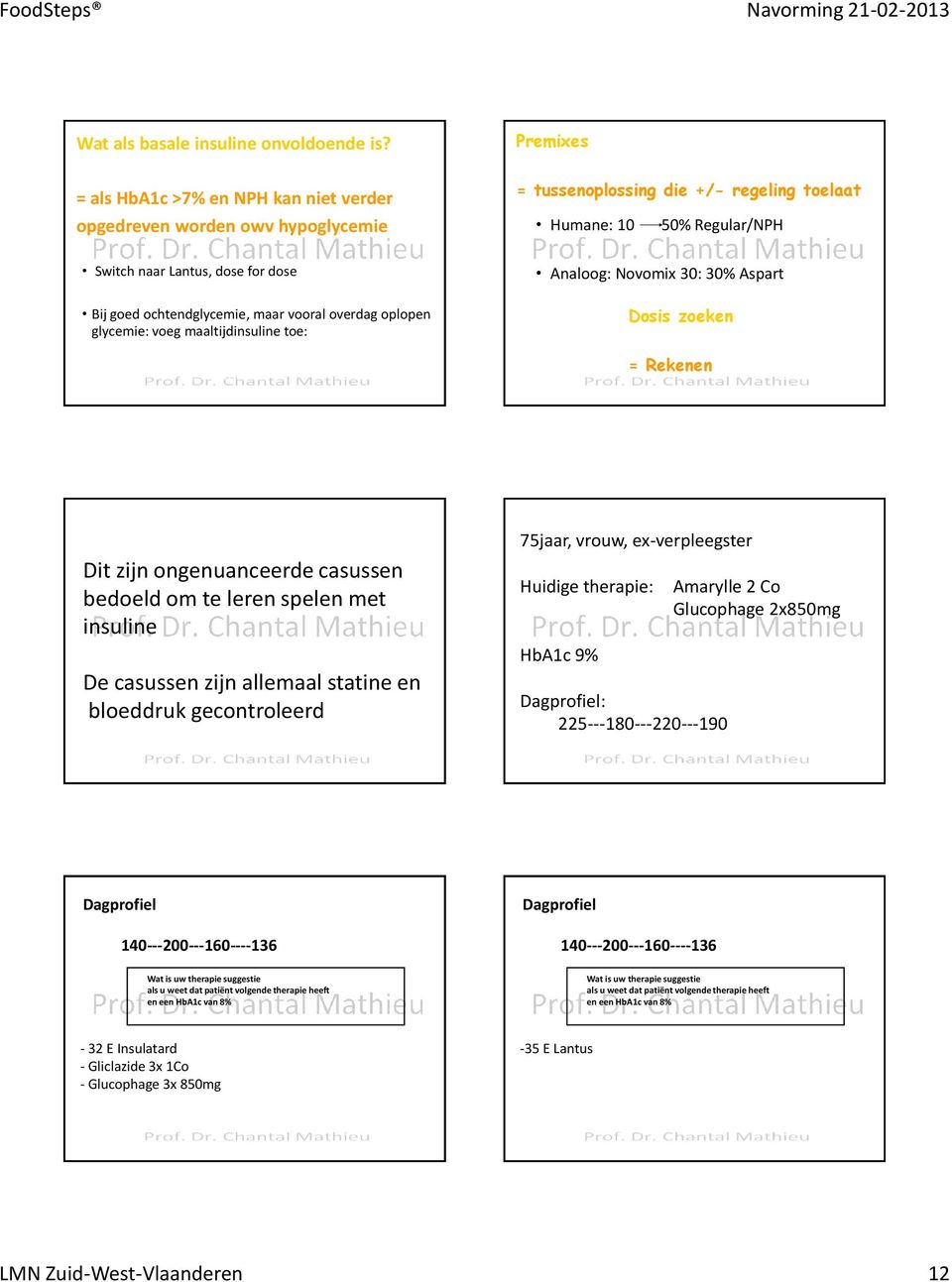 ochtendglycemie, maar vooral overdag oplopen glycemie: voeg maaltijdinsuline toe: -Snelle insuline bij maaltijden (basaal bolus) -Pre-mix insulines Analoog: Novomix : % Aspart Dosis zoeken = Rekenen