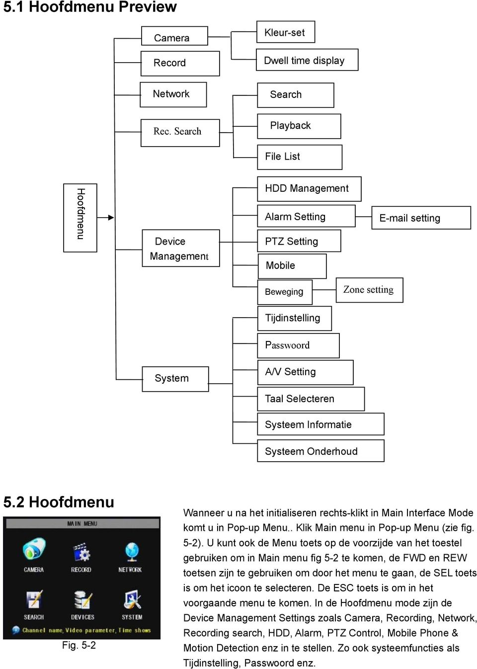 Systeem Informatie Systeem Onderhoud 5.2 Hoofdmenu Fig. 5-2 Wanneer u na het initialiseren rechts-klikt in Main Interface Mode komt u in Pop-up Menu.. Klik Main menu in Pop-up Menu (zie fig. 5-2).